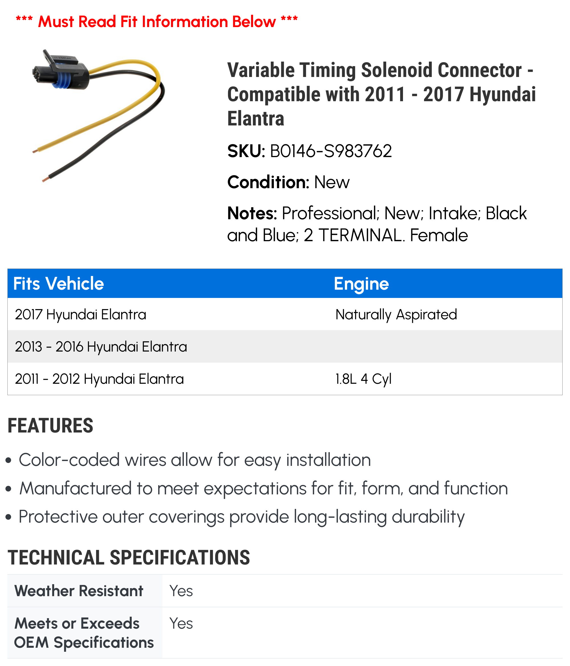 Variable Timing Solenoid Connector - Compatible with 2011 - 2017 Hyundai Elantra 2012 2013 2014 2015 2016