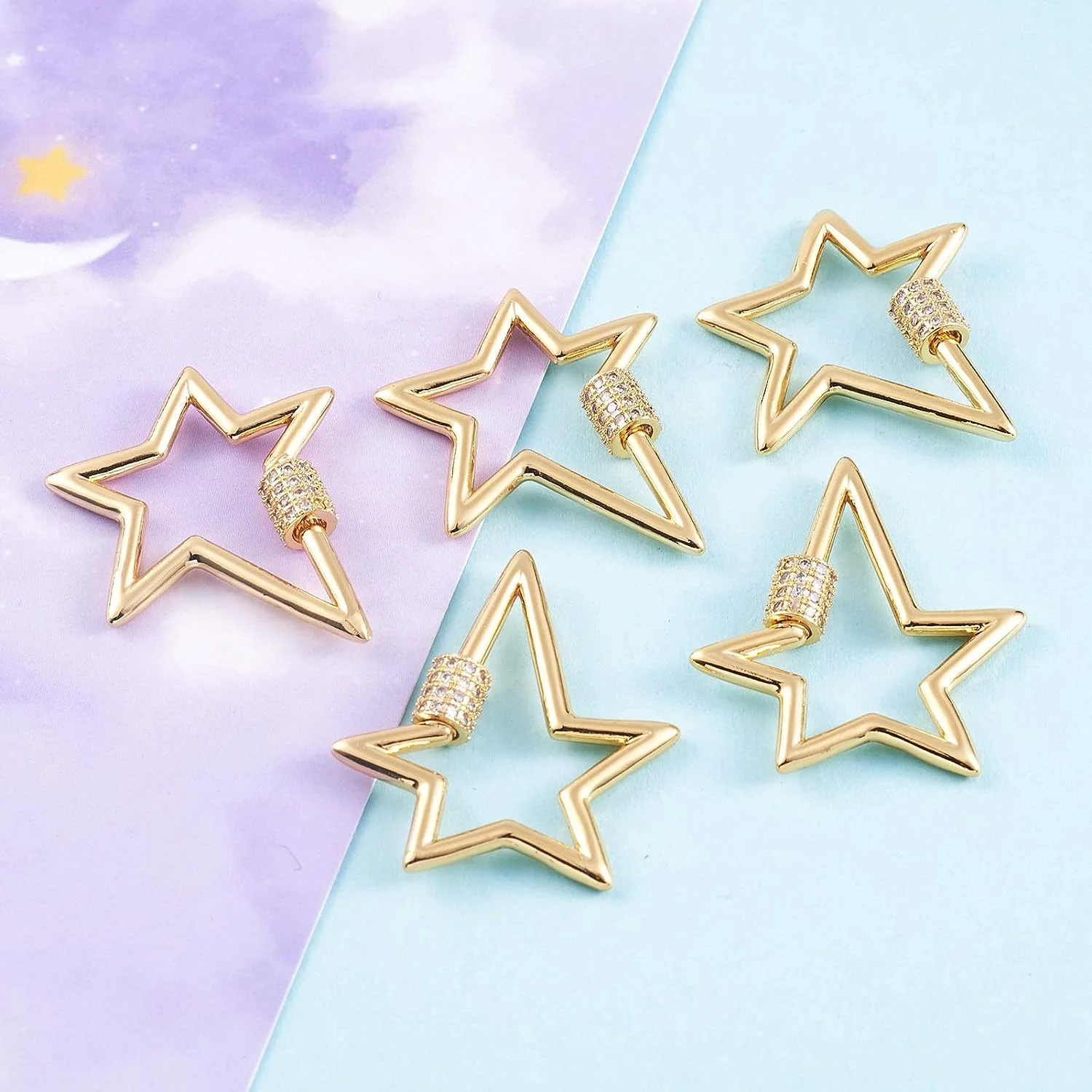 5pcs Golden Star Locking Carabiner Keychain Clip Screw Brass Micro Pave Clear Cubic Zirconia Carabiner Spring Snap Clip Quick Link Hook Women Girl Jewelry Making Supplies