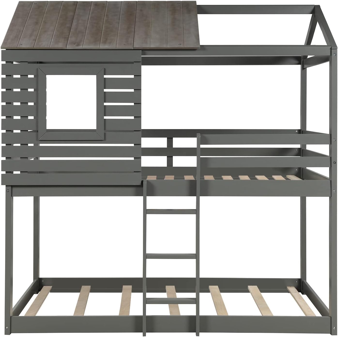 Over Bunk Bed, Wood House Bed Loft Bed Bedroom Furniture With Roof, Window, Guardrail & Ladder (Gray, Over )
