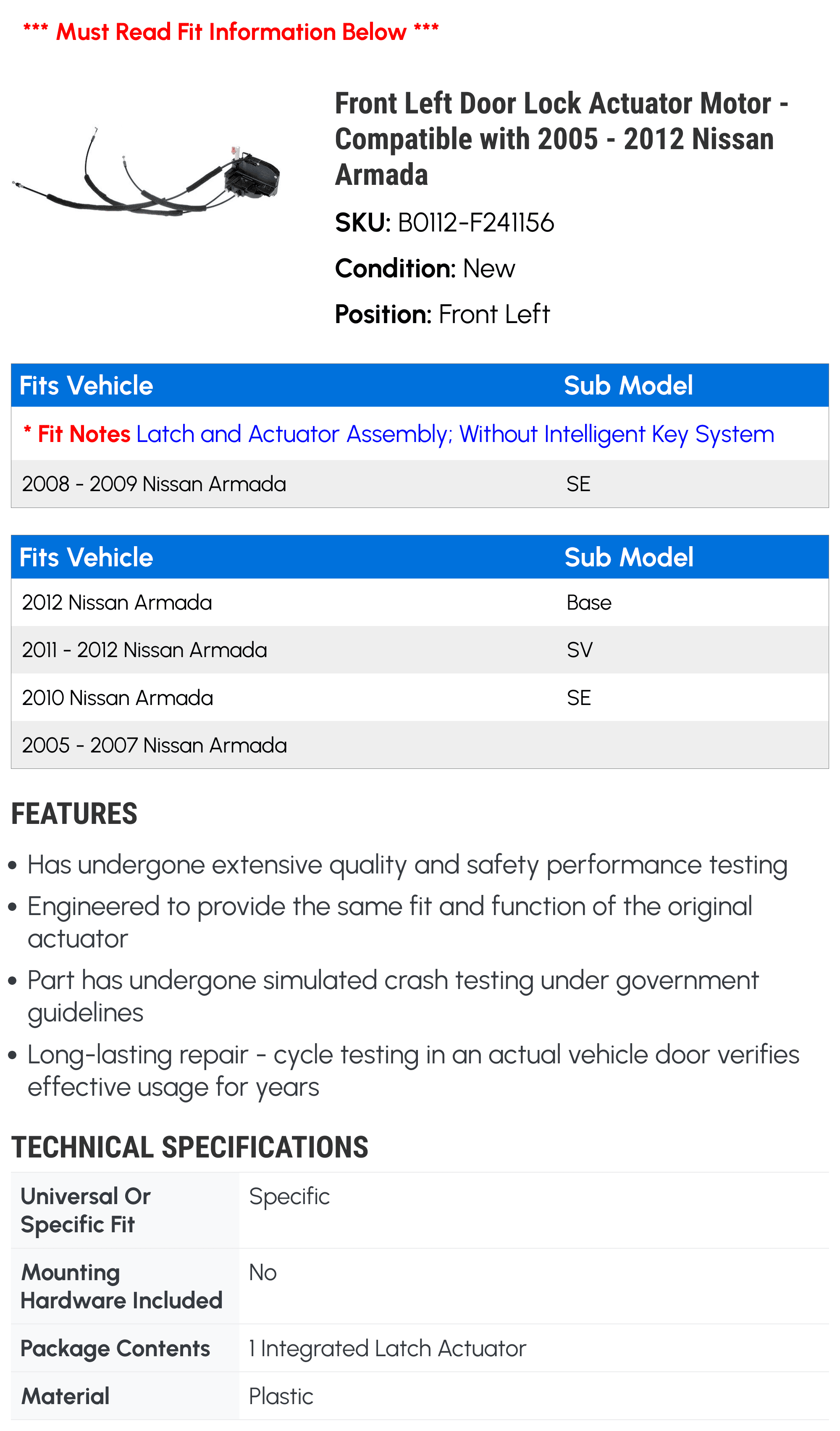 Front Left Door Lock Actuator Motor - Compatible with 2005 - 2012 Nissan Armada 2006 2007 2008 2009 2010 2011
