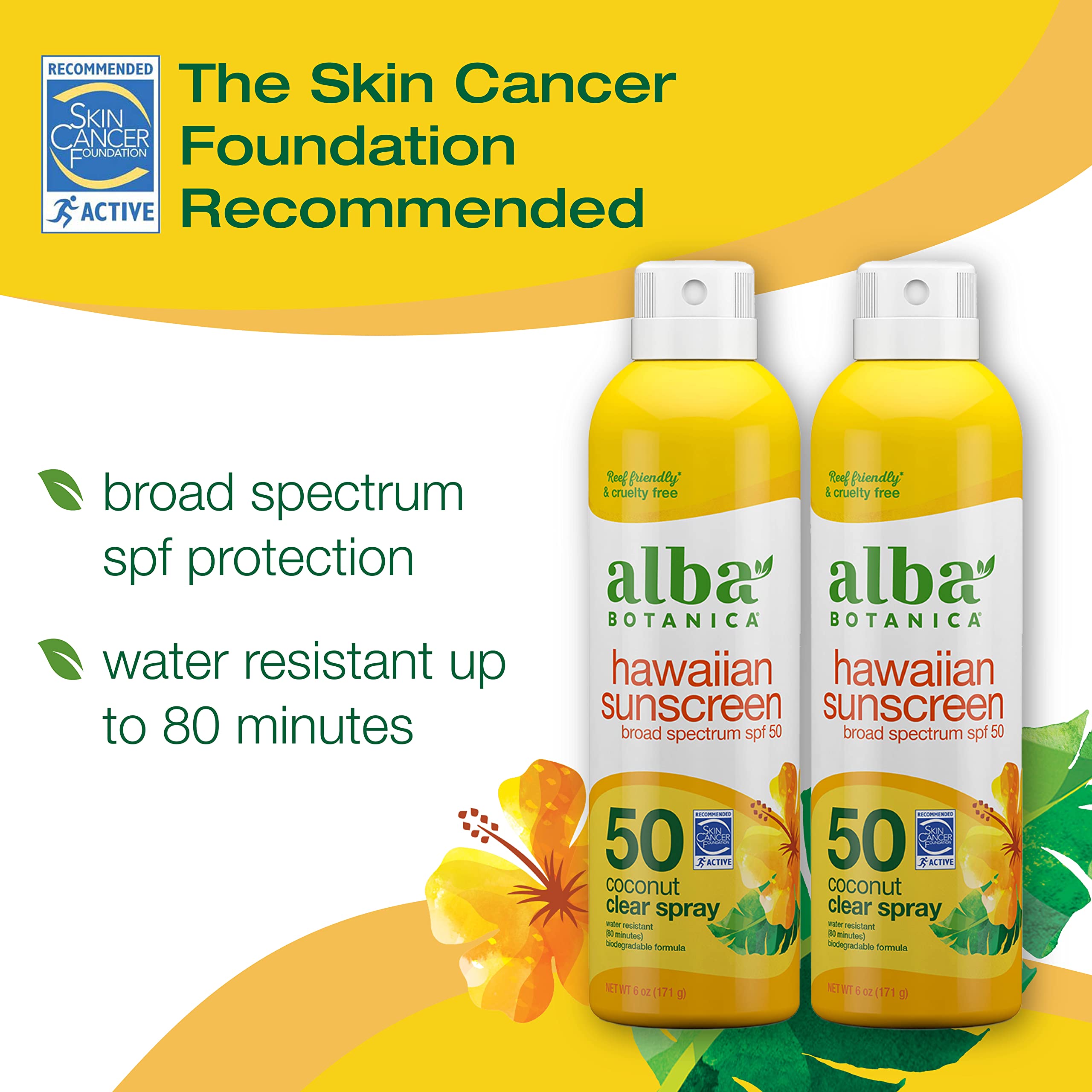 Alba Botanica Sunscreen for Face and Body, Hawaiian Coconut Sunscreen Spray, Broad Spectrum SPF 50 Sunscreen, Water Resistant and Biodegradable, 6 fl. oz. Bottle (Pack of 2)