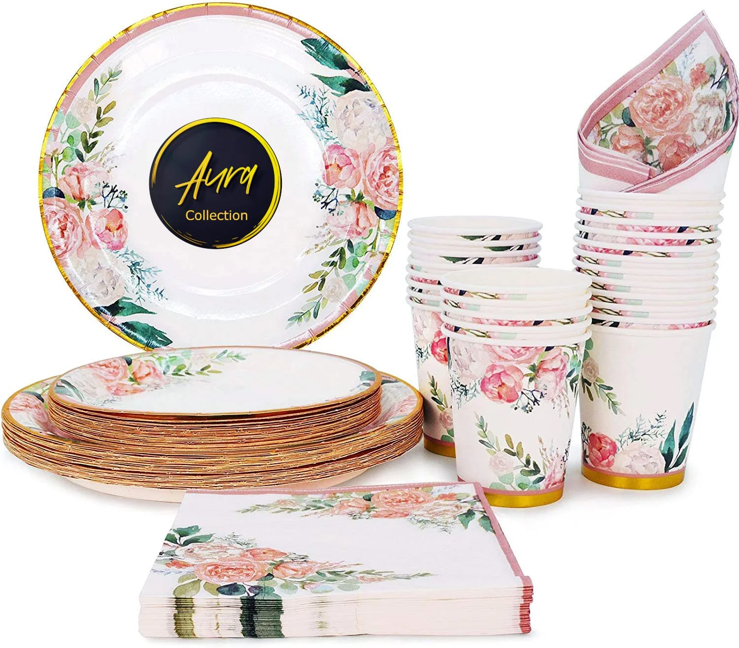 Art of Aurra Vintage Floral Disposable Round  Paper Pink Plates Cups & Napkins  Celebratory Occasion