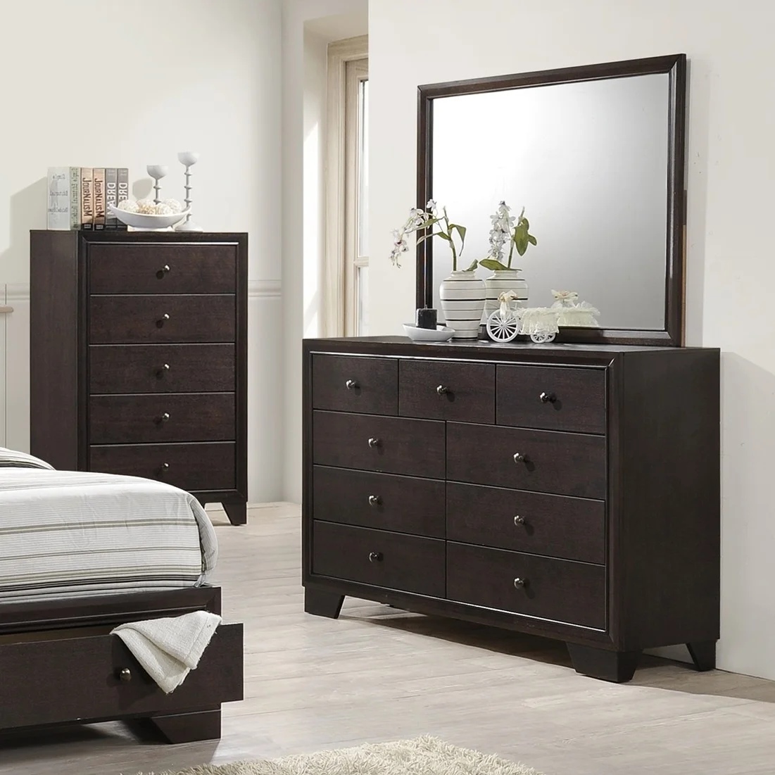 Modern Unique Storage Shelf Drawers King Size Bed Dresser Mirror 2x Nightstands 5pc Set Bedroom Furniture Wooden Veneer