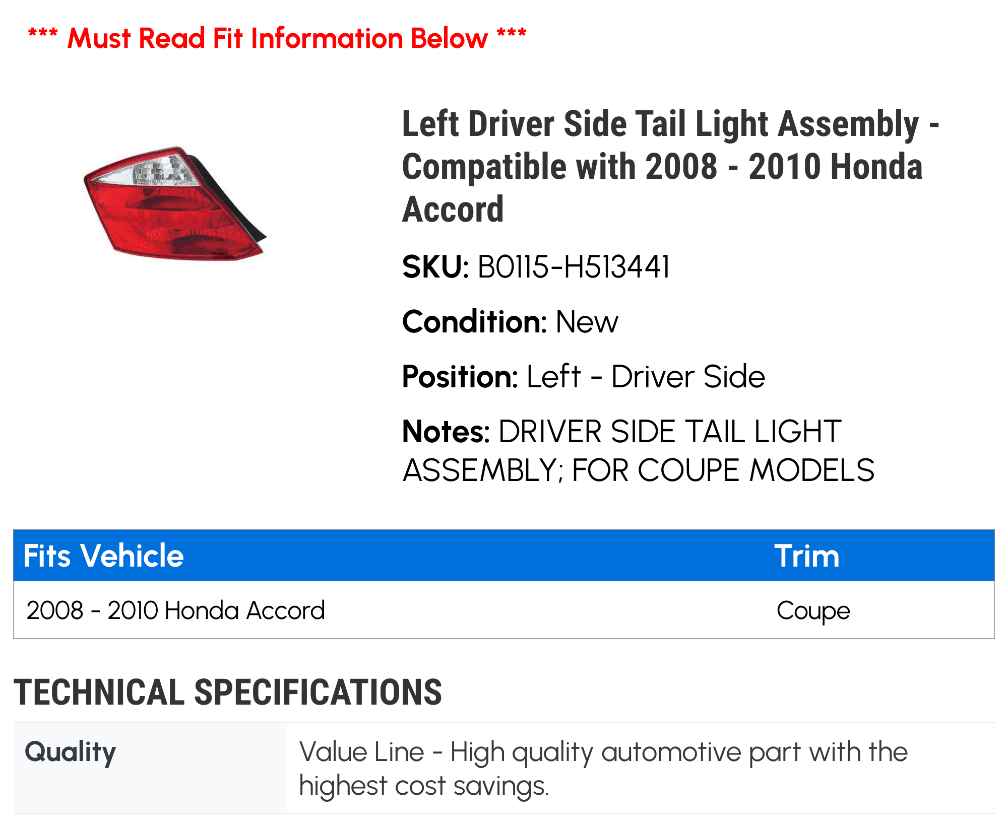 Left Driver Side Tail Light Assembly - Compatible with 2008 - 2010 Honda Accord 2009