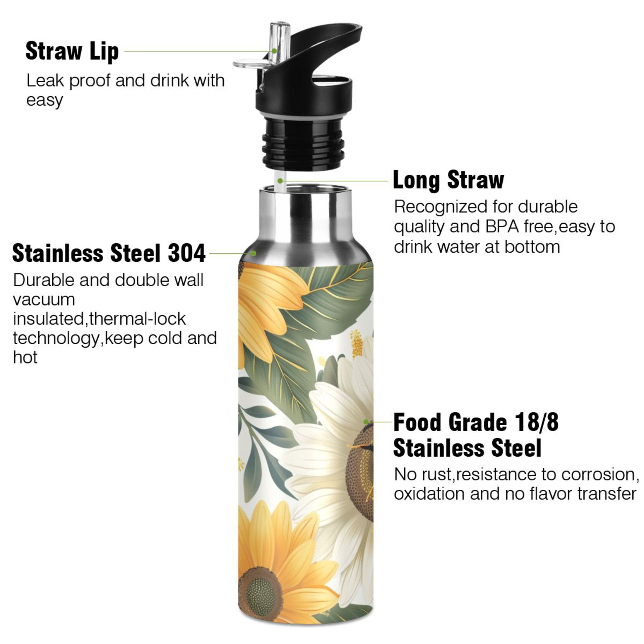 Bee on Sunflowers Water Bottles Insulated Thermos Kids Stainless Steel Bottle with Straw Lid Flask Leakproof for Sports Gym 20 oz