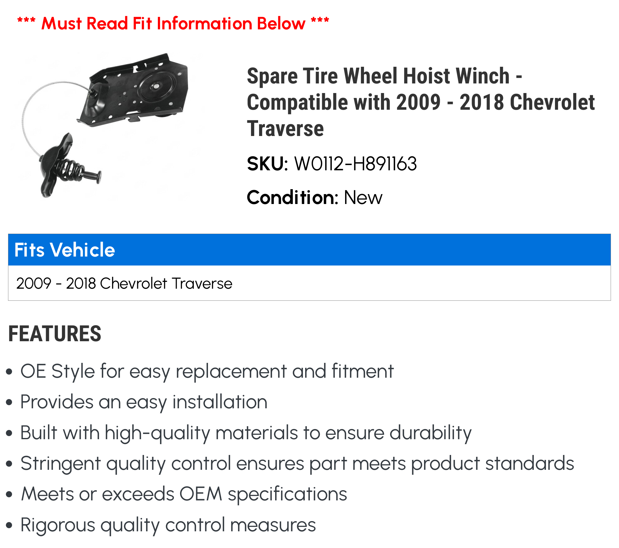Spare Tire Wheel Hoist Winch - Compatible with 2009 - 2018 Chevy Traverse 2010 2011 2012 2013 2014 2015 2016 2017