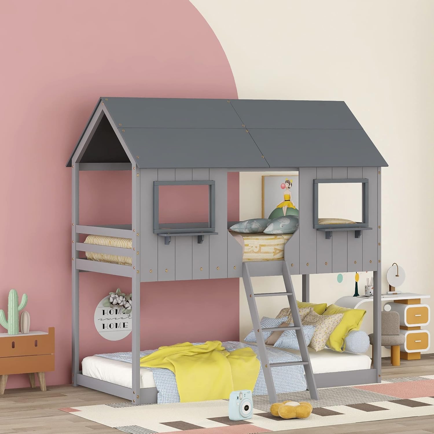 Over House Bunk Bed With Ladder Wooden Floor Bunk Beds For Kids Fun Playhouse Bunkbed Frame With Roof And Windows For Girls Boys Teens, Gray