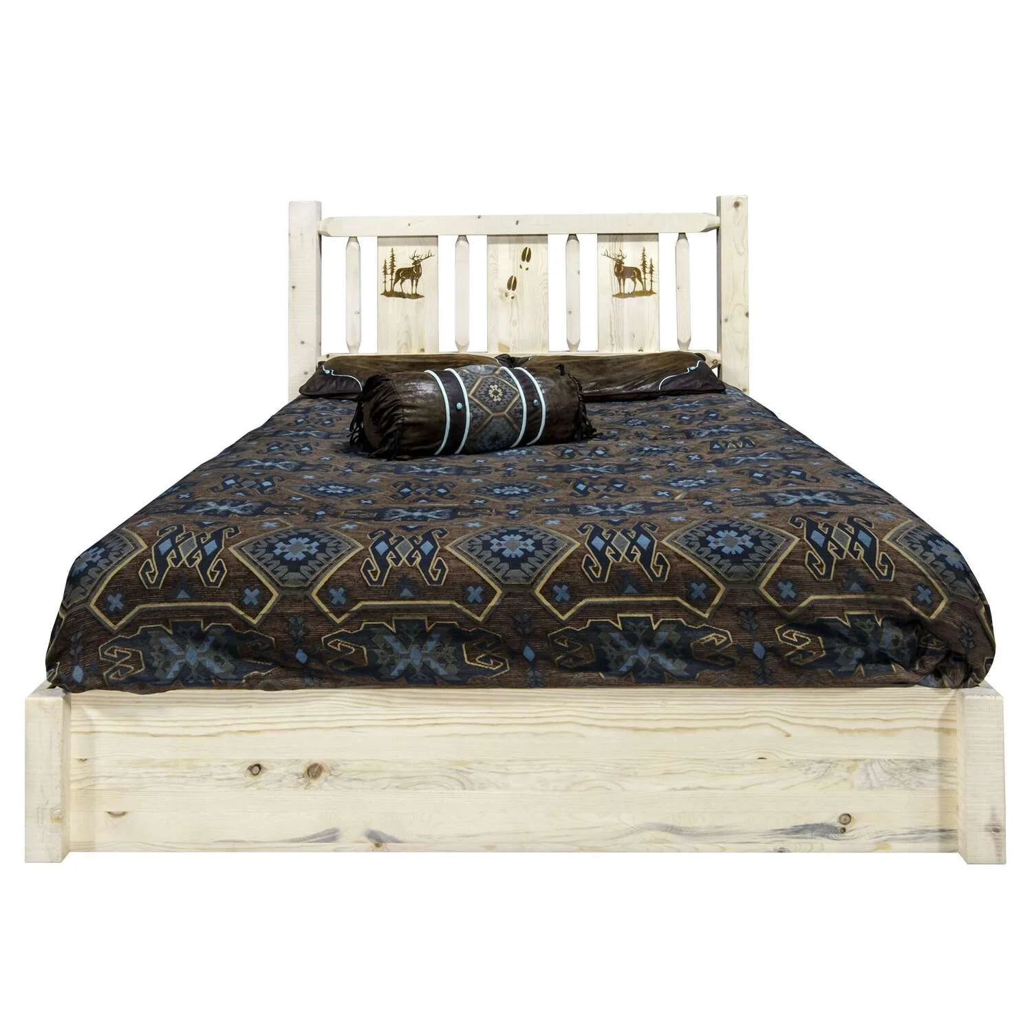 Homestead Collection Platform Bed w/ Storage, Twin w/ Laser Engraved Elk Design, Ready to Finish