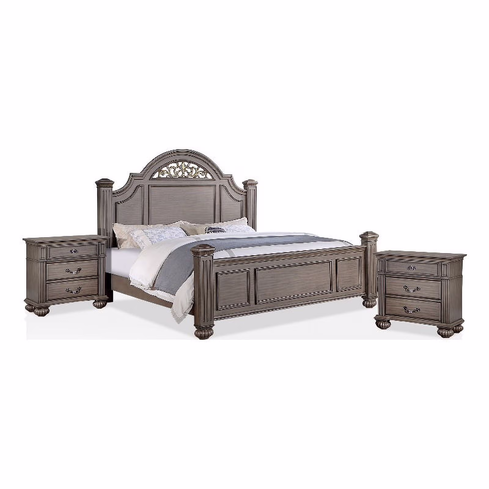 FOA Damos 3-Piece Gray Solid Wood Panel Bedroom Set - King + 2 Nightstands