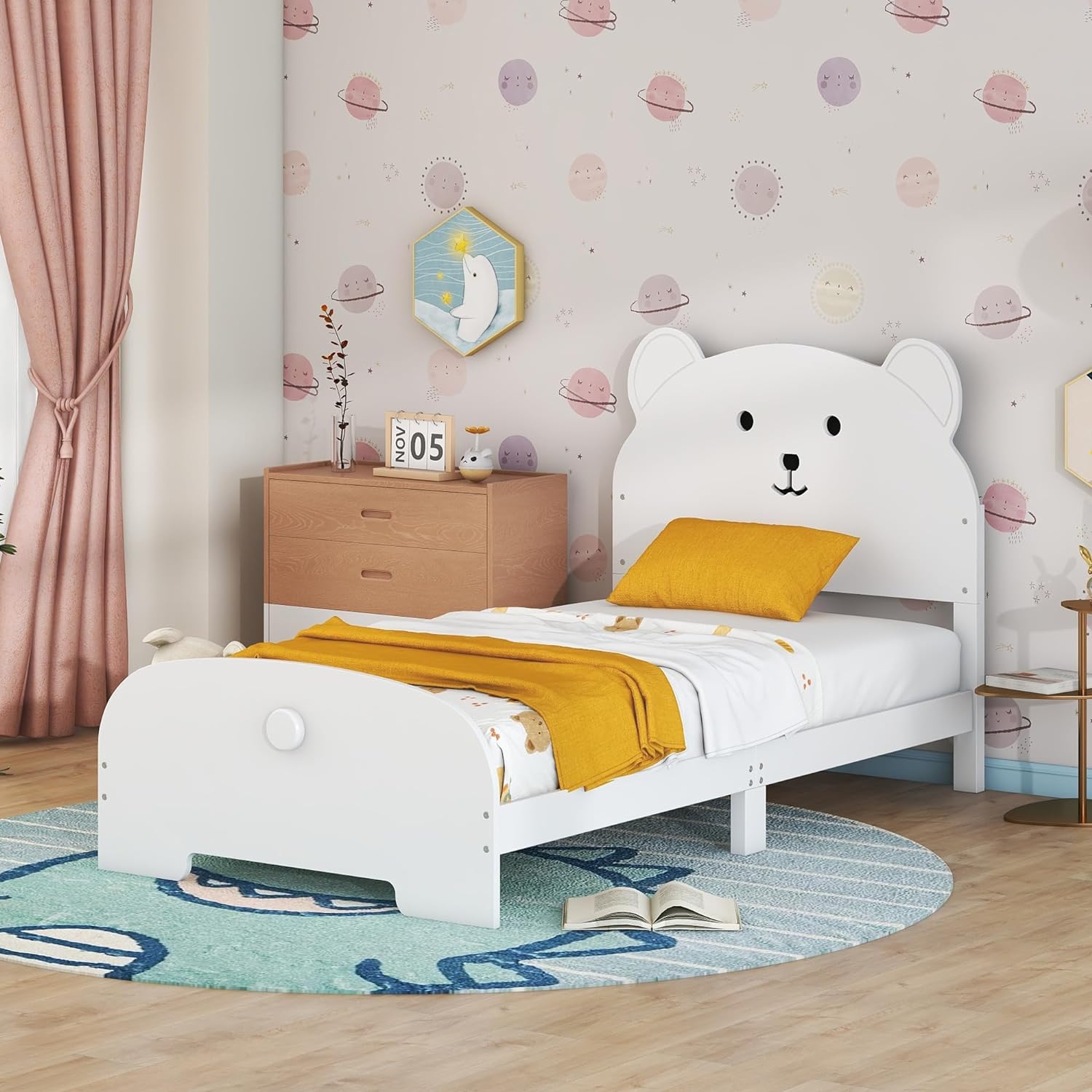Size Bed Frame With Bear-Shaped Headboard And Footboard, Wood Platform Bed With Solid Wood Slats For Kids Teens, No Box Spring Needed (White)