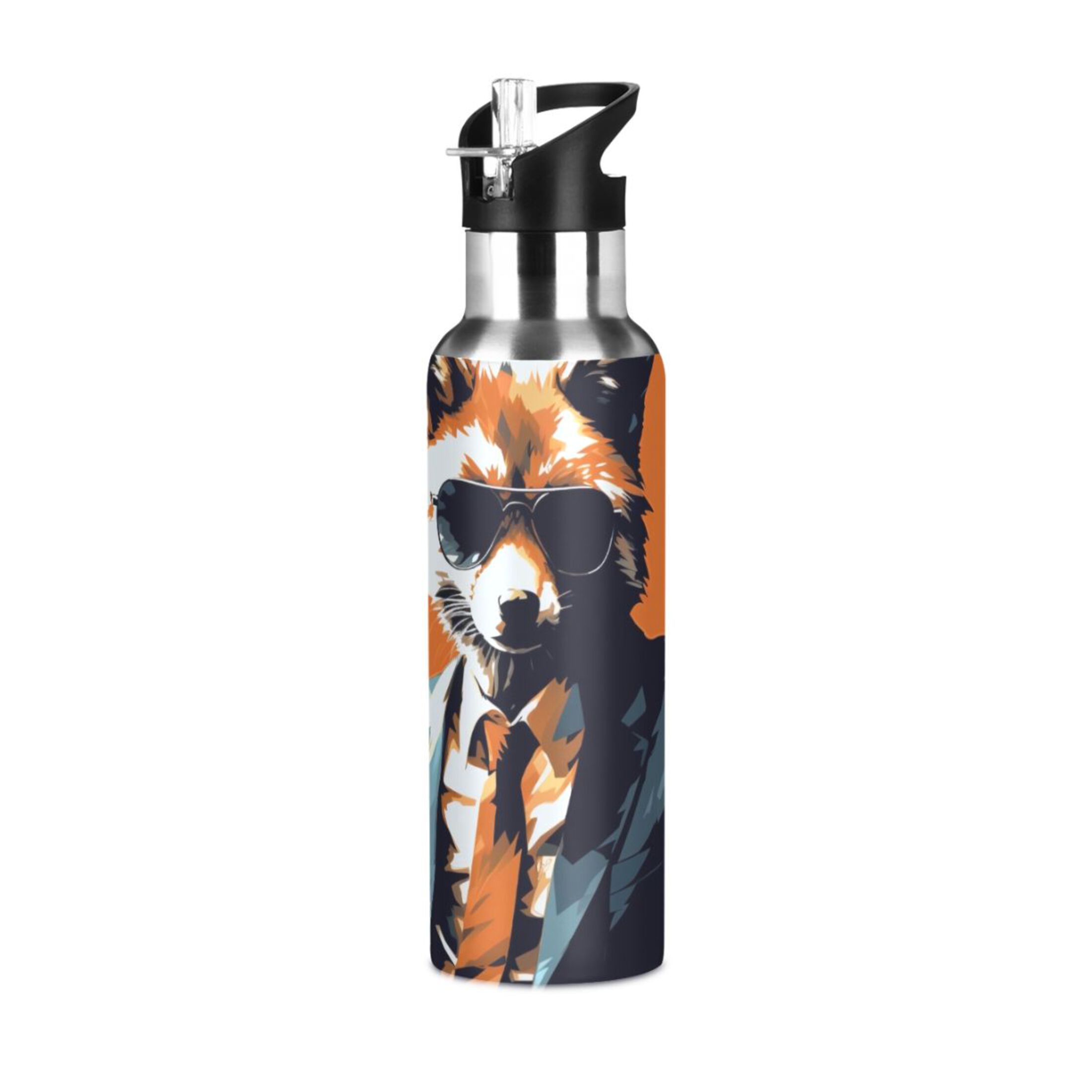 Cool Fox with Glasses Water Bottles Insulated Thermos Kids Stainless Steel Bottle with Straw Lid Flask Leakproof for Sports Gym 20 oz