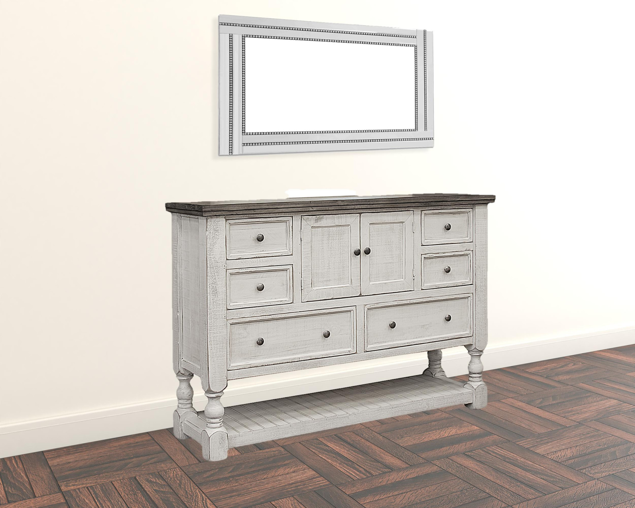 HomeRoots 524534 62 in. Solid Wood Six Drawer Triple Dresser, Gray & Ivory