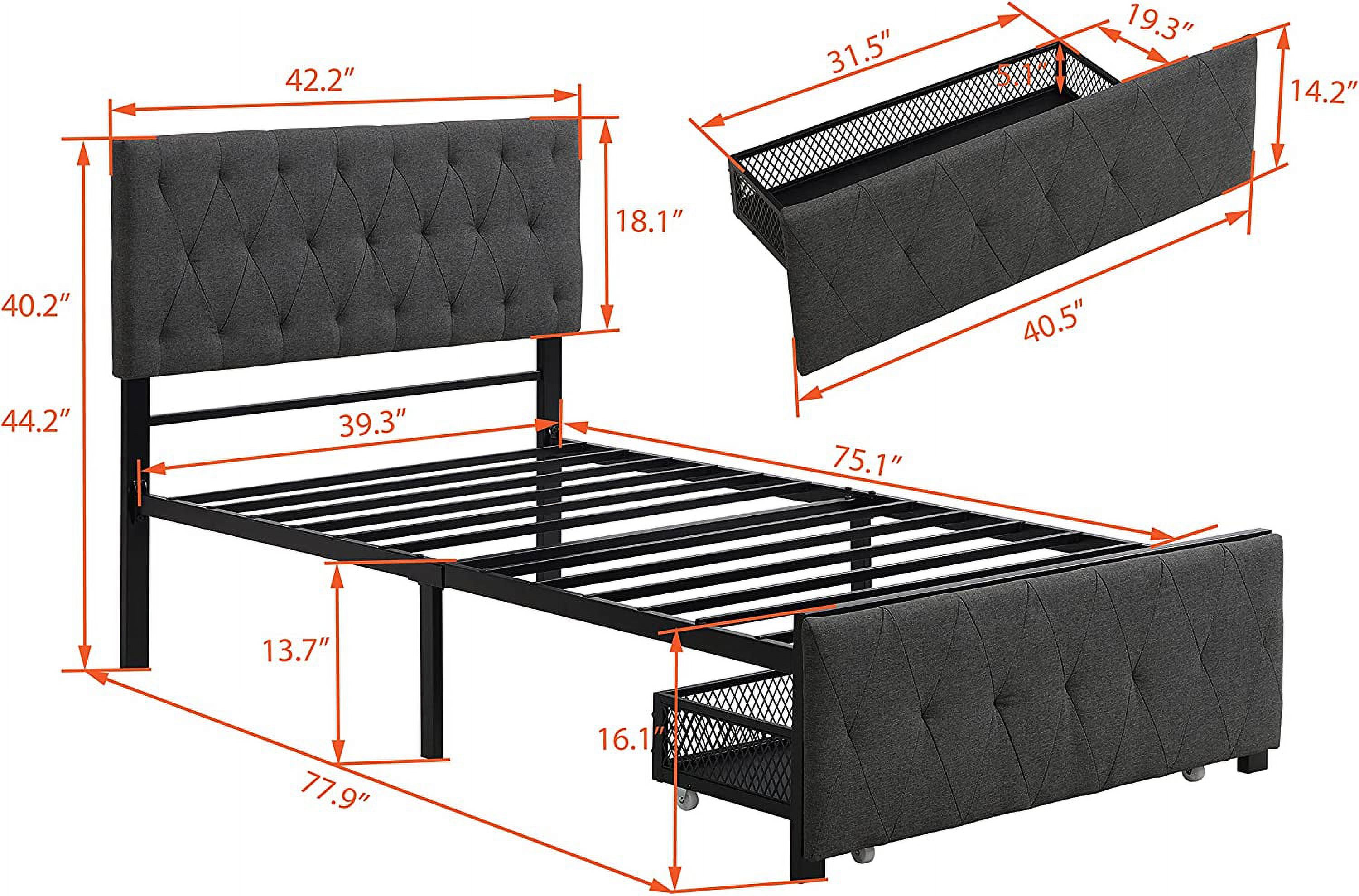 Size Bed With Storage Drawer, Metal Platform Bed Frame With Upholstered Headboard And Footboard, Storage Bed With Metal Slats, No Box Spring Needed, Grey