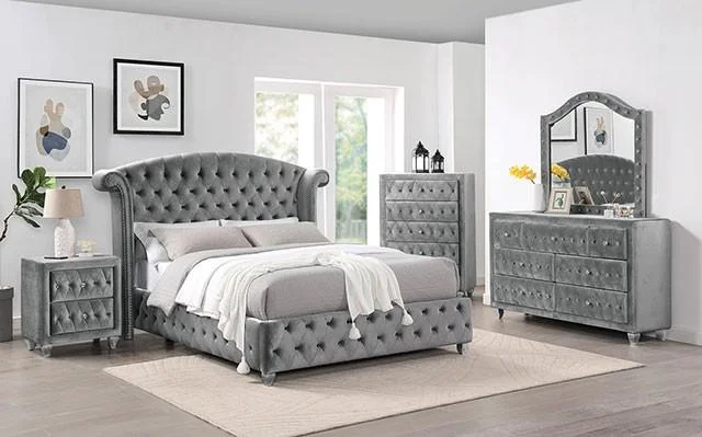 Transitional Gray Solid Wood King Bedroom Set 5pcs FOA CM7130GY Zohar