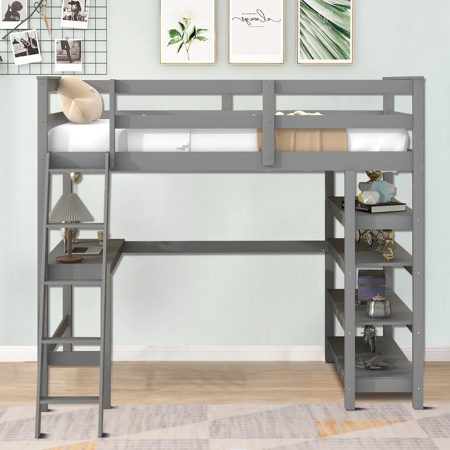 Minimalist and Multifunctional Twin-size Wooden Loft Bed with A Ladder, A desk and 4 Shelves, Gray