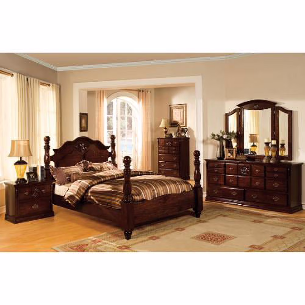 Furniture of America Weston Traditional 4-piece Glossy Dark Pine Poster Bedroom Set Cal. King