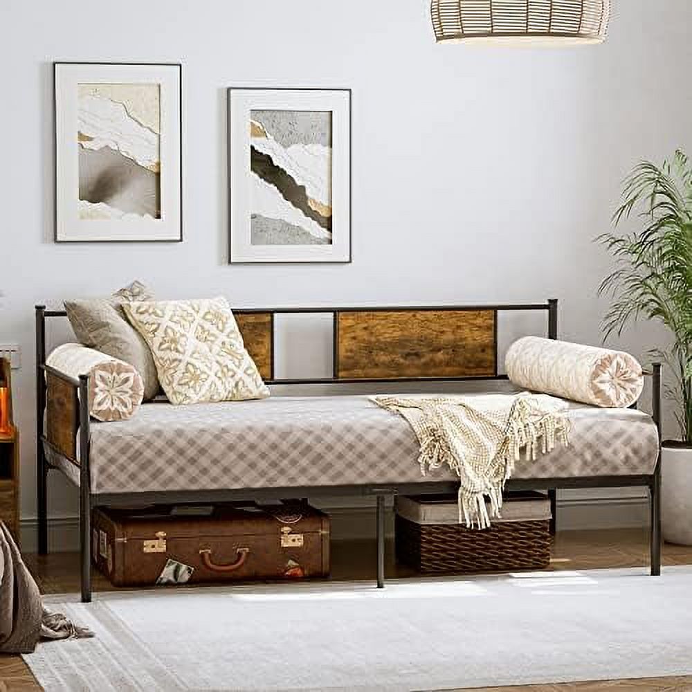 YZboomLife Twin Size Metal Daybed Frame  Heavy Duty Steel Slats Support  Sofa Bed Platform Mattress Foundation  Farmhouse Industrial Style  Multi-Functional  - Black/Rustic Brown