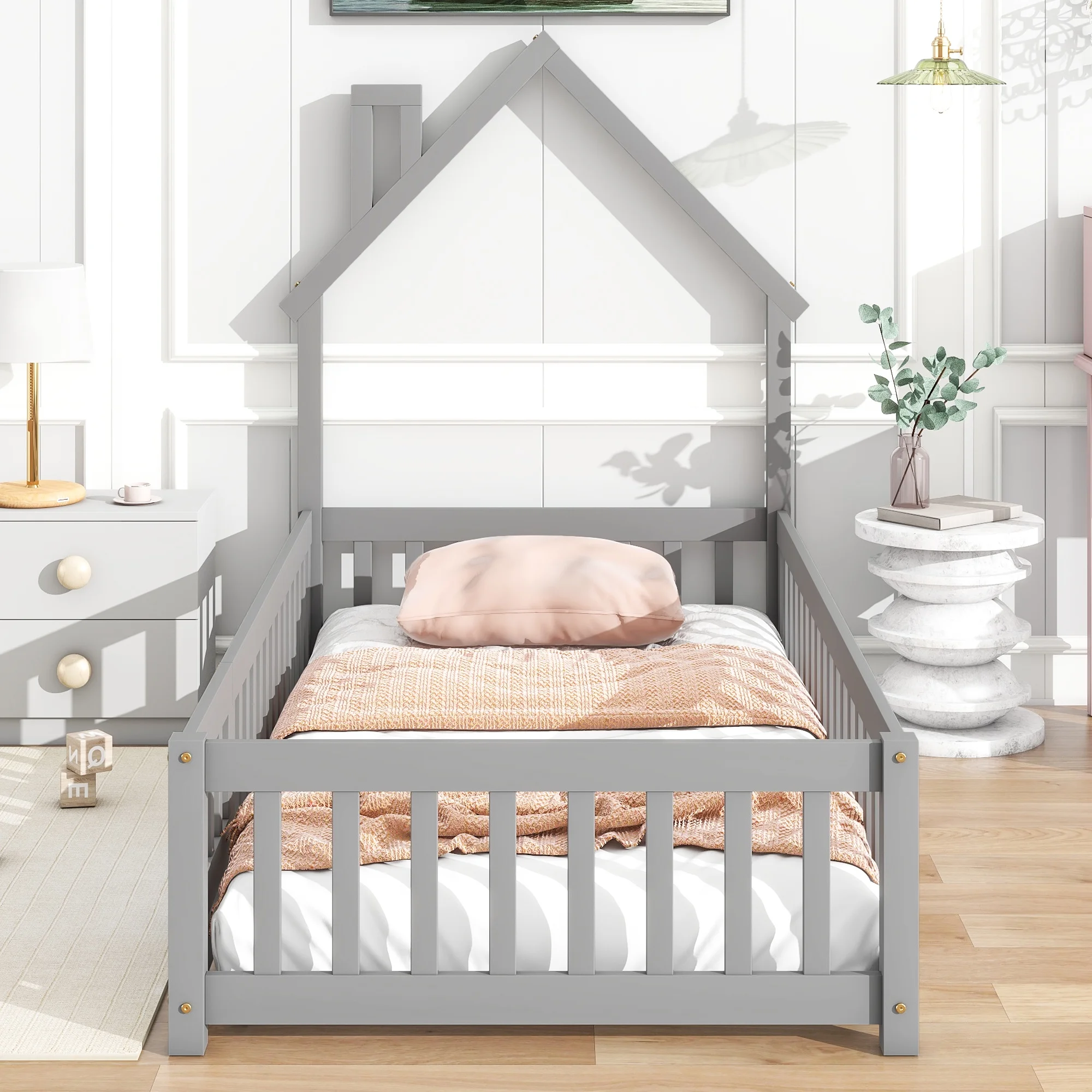 Bellemave Twin Size Floor Bed with House-shaped Headboard and Fence Twin Wood Floor Bed Frame with Guardrails and Door Montessori House Bed for Kids, Toddlers, Boys, Girls, Gray