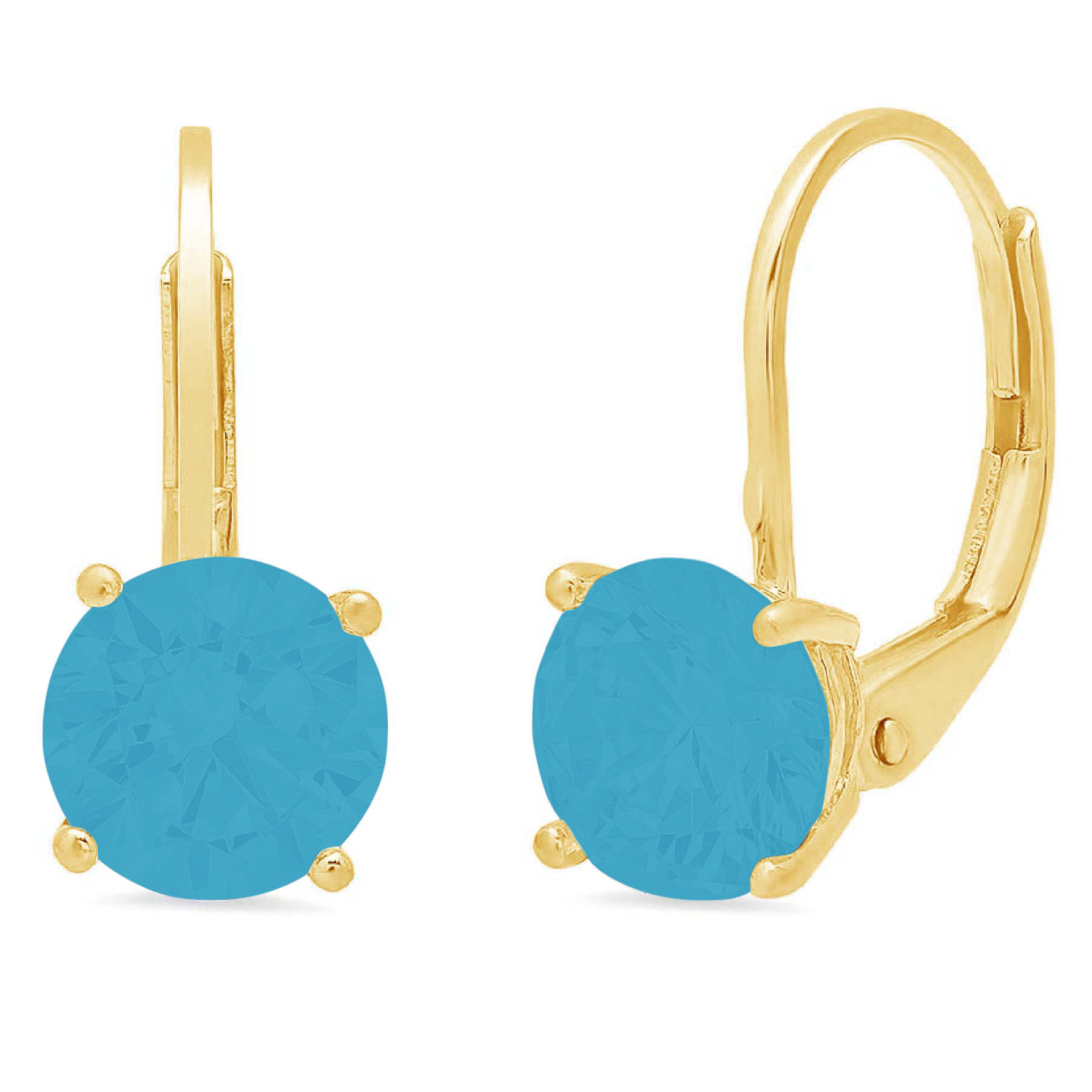 Clara Pucci 4 ct Brilliant Round Cut Drop Dangle VVS1 Genuine Conflict free Blue Simulated Turquoise Real Stamped Solid 18K Yellow Gold Earrings Lever Back
