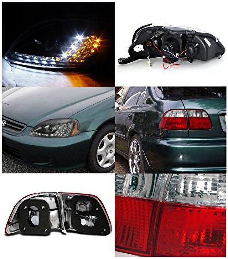 Honda Civic 4Dr Black R8 DRL LED Signal Projector Headlights+Tail Brake Lamps