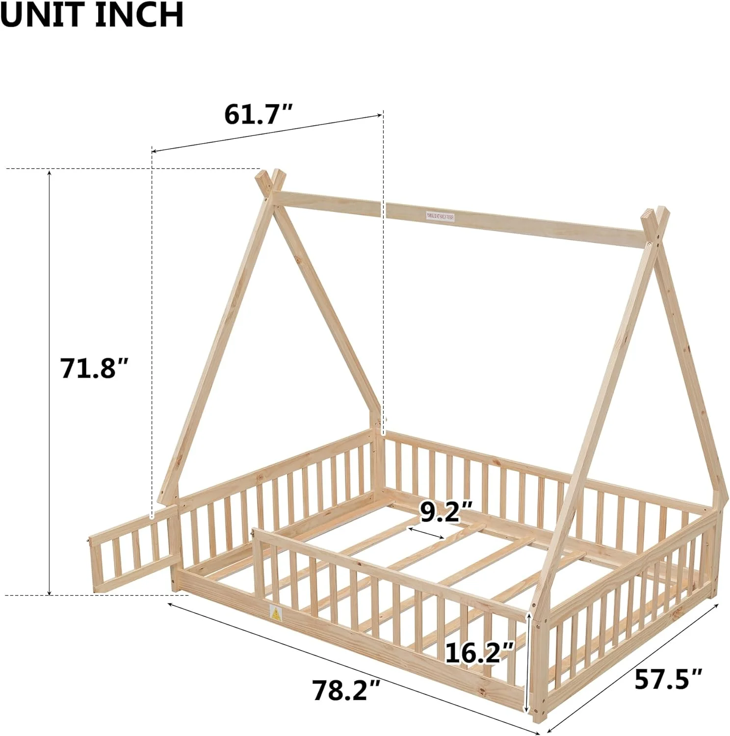 Full Size Floor Bed For Kids, Tet Bed Full Teepee Bed Frame With Fece Rails, Wood Motessori Floor Bed With Slats Ad Door For Girls Boys Bedroom Furiture, atural