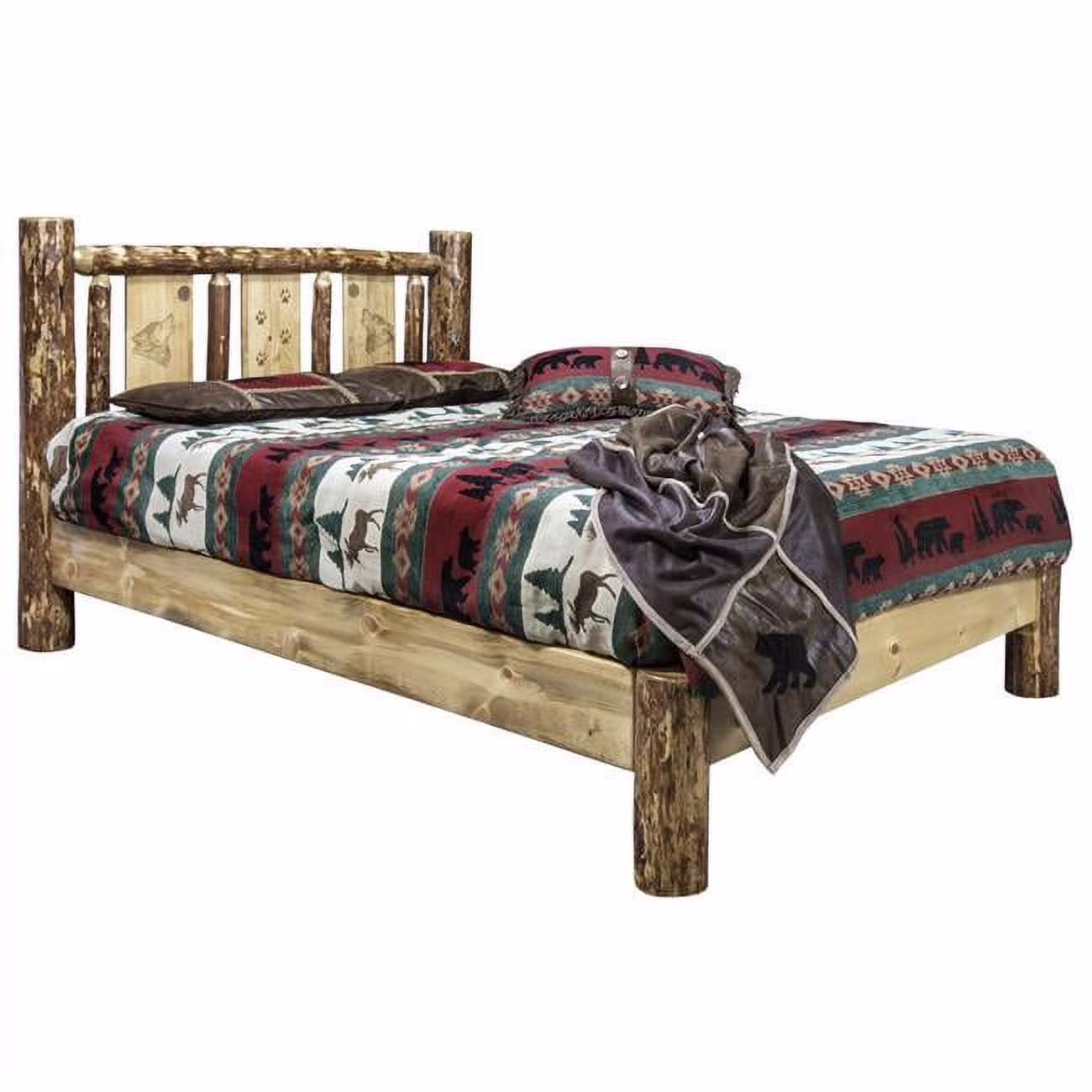 Glacier Country Platform Bed with Laser Engraved Wolf Design - King Size