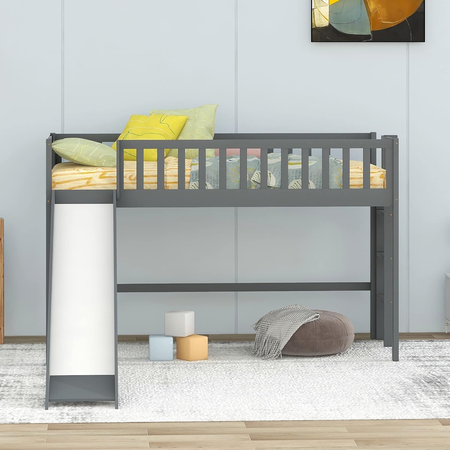 Low Lof Bed Wih Slide, Wood Size Lof Bed Frame Wih Ladder Ad Guardrails For Kids, oddlers, ees, o Box Sprig(Gray)