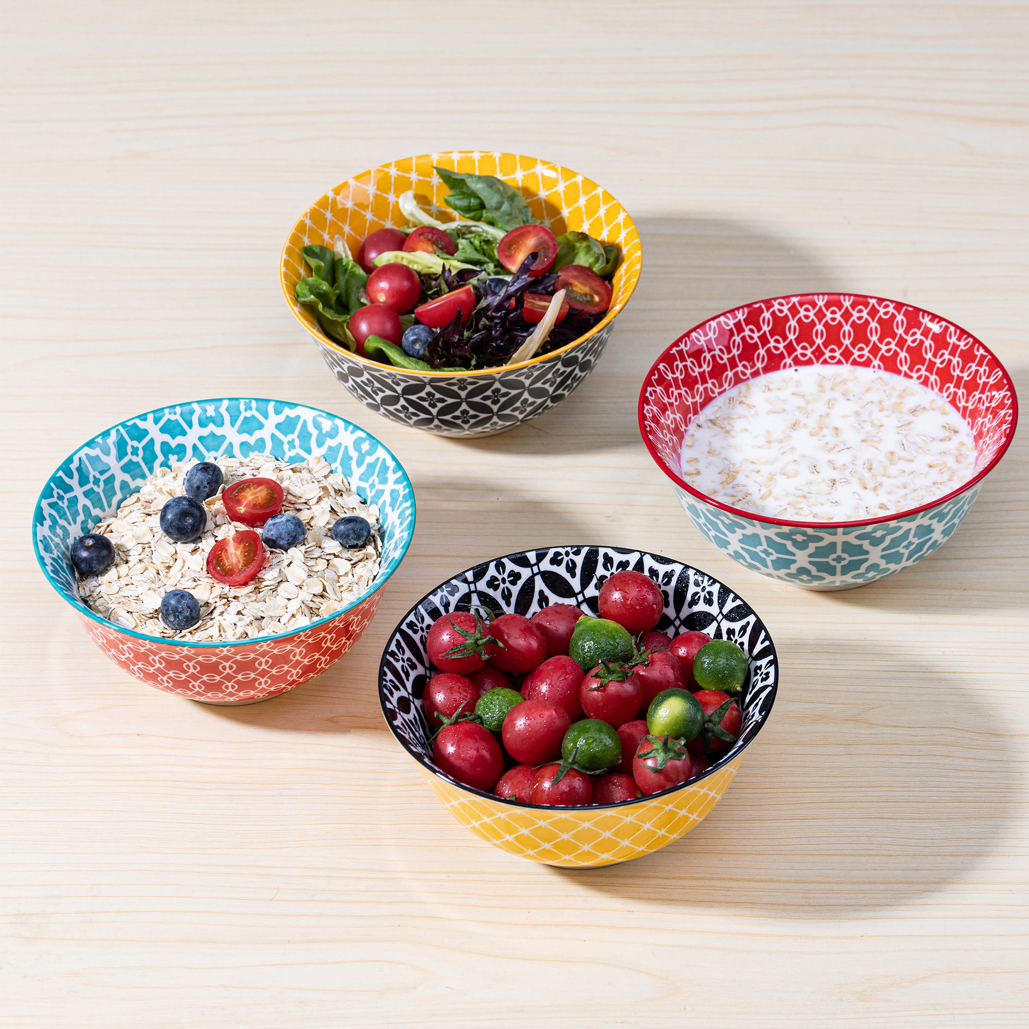 Dowan 4-Piece 6-Inch Vibrant Joy Ceramic Soup Salad Cereal Bowl 23OZ with Dishwashing Sponge