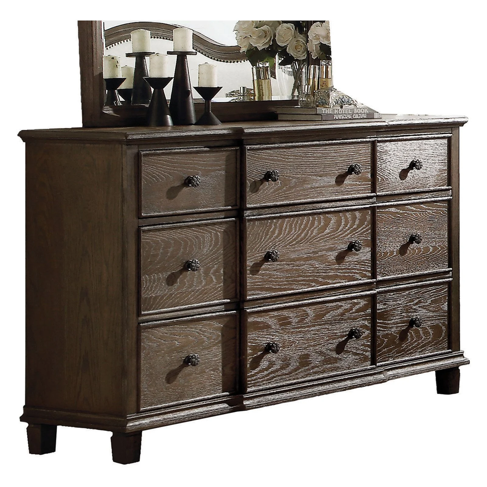 ACME Baudouin 9 Drawer Wooden Dresser in Weathered Oak