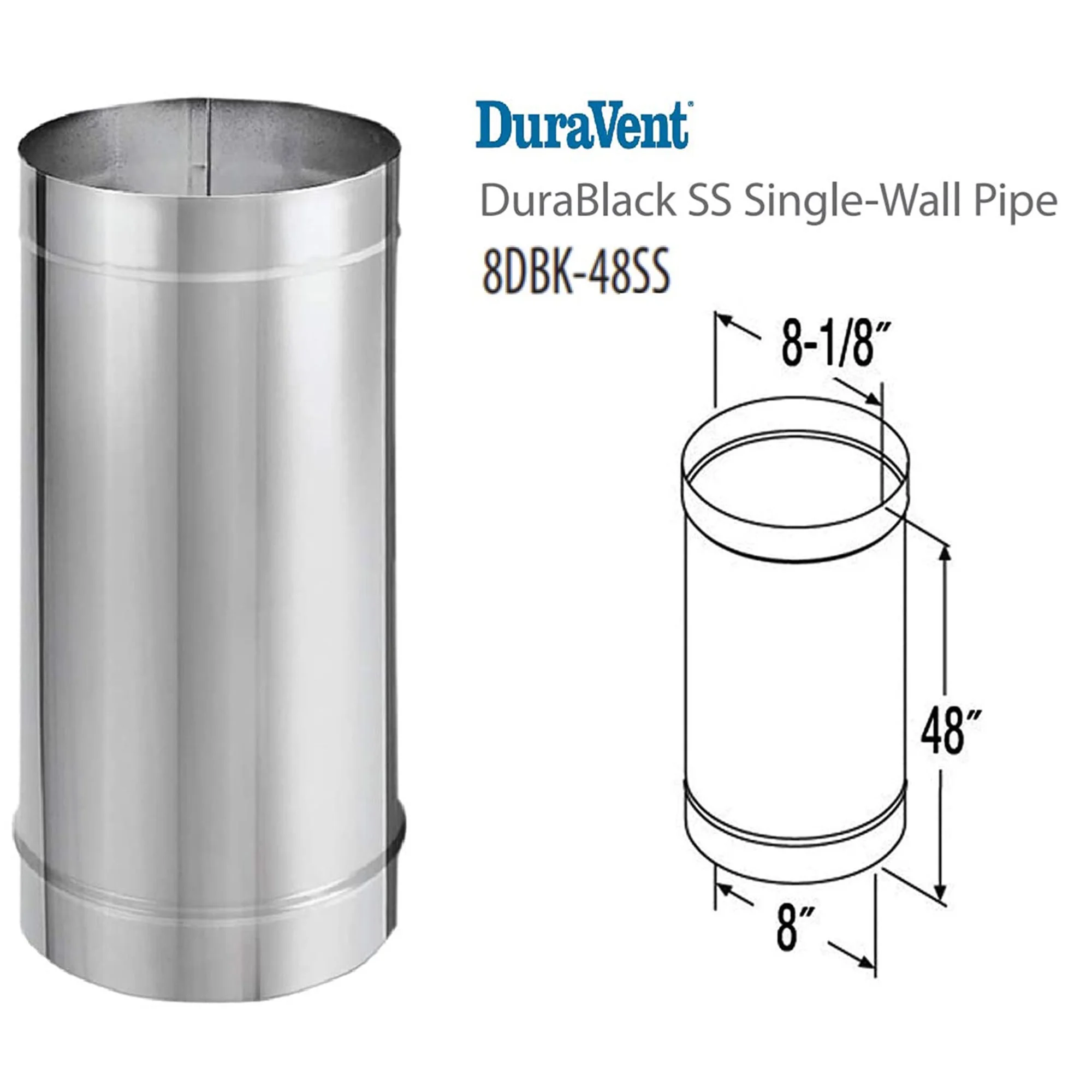 M&G DuraVent 115028 8 x 48 in. DuraBlack Stove Pipe Single Wall - Stainless Steel