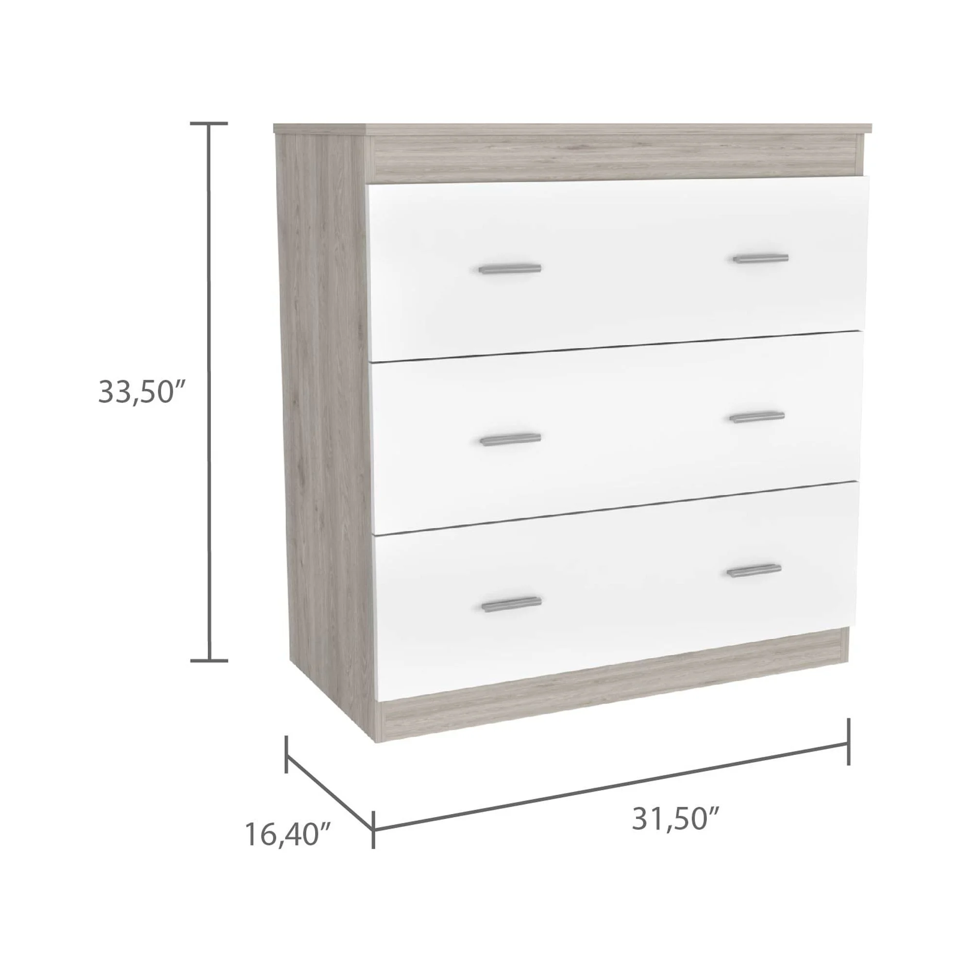 Depot E-Shop DE-CZB6469 Capri Three Drawer Dresser, Light Gray & White