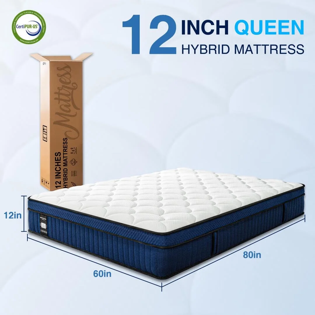 Queen Rose 12' 'Queen Medium Hybrid Mattress, With Pocket Spring , Bed in-a-Box