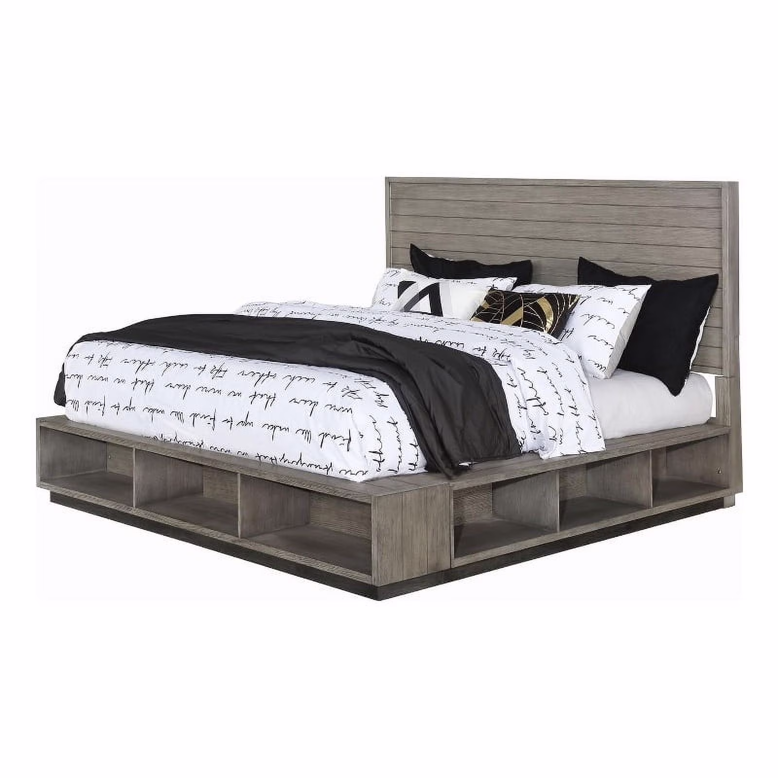 Maklaine Farmhouse Wood Queen Storage Bed in Gray Oak Finish