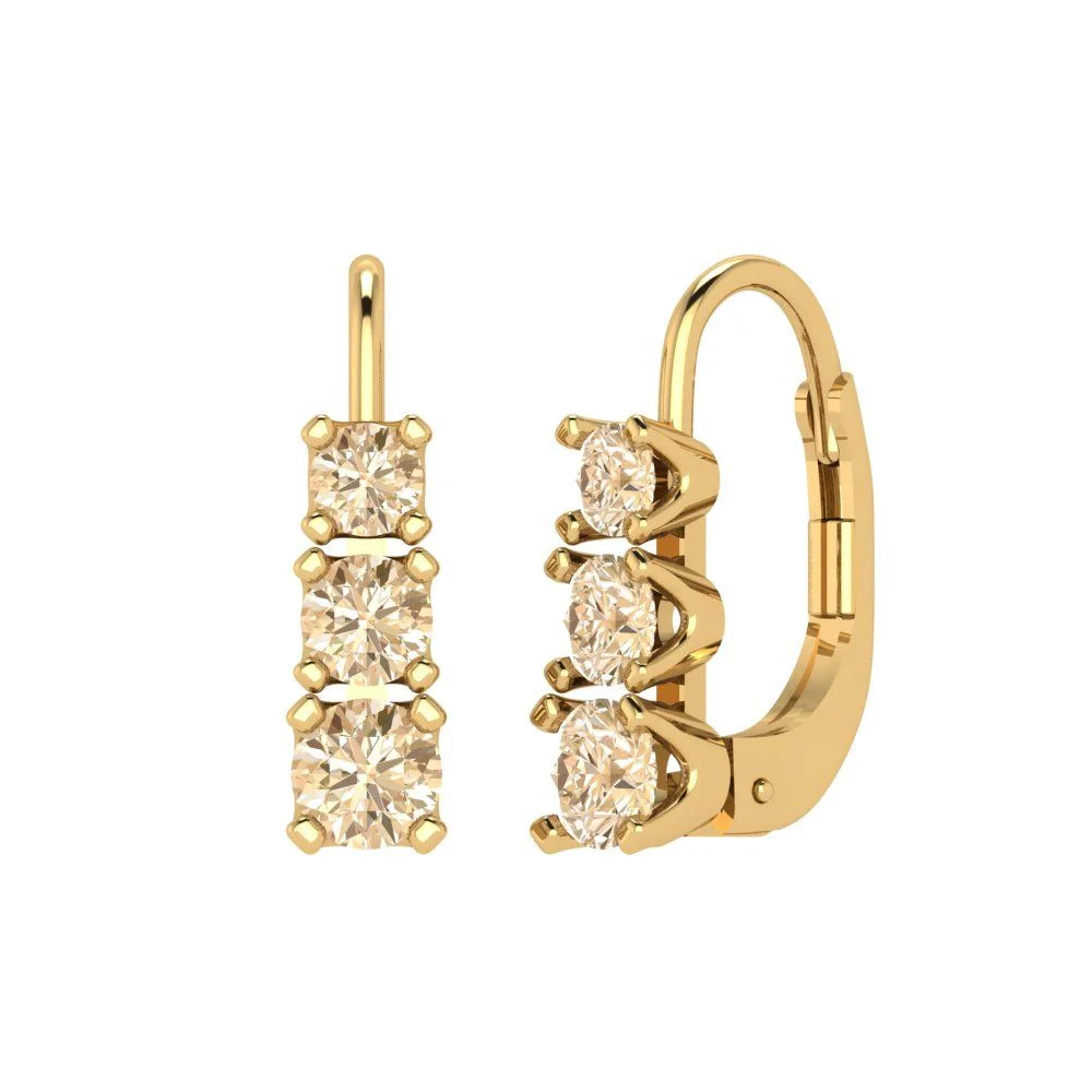 1.06ct Brilliant Round Cut Drop Dangle Natural Morganite 18K Yellow Gold Earrings Lever Back