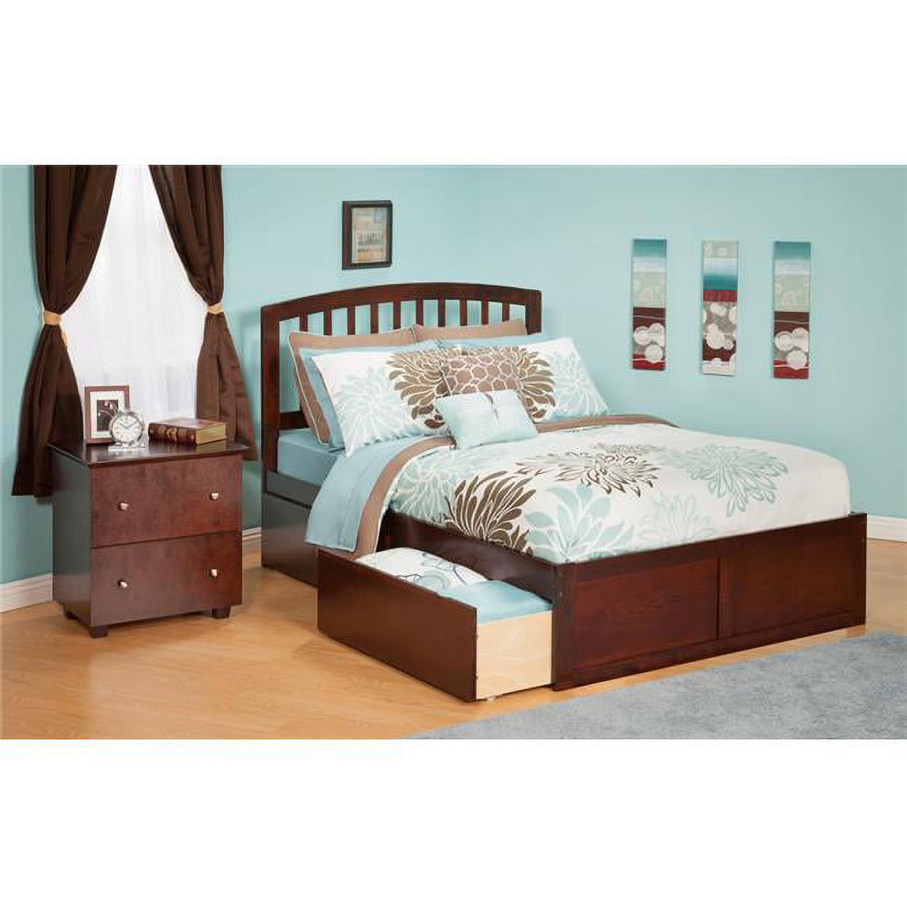 Richmond Queen Bed with Flat Panel Footboard and Urban Bed Drawers in an Antique Walnut Finish
