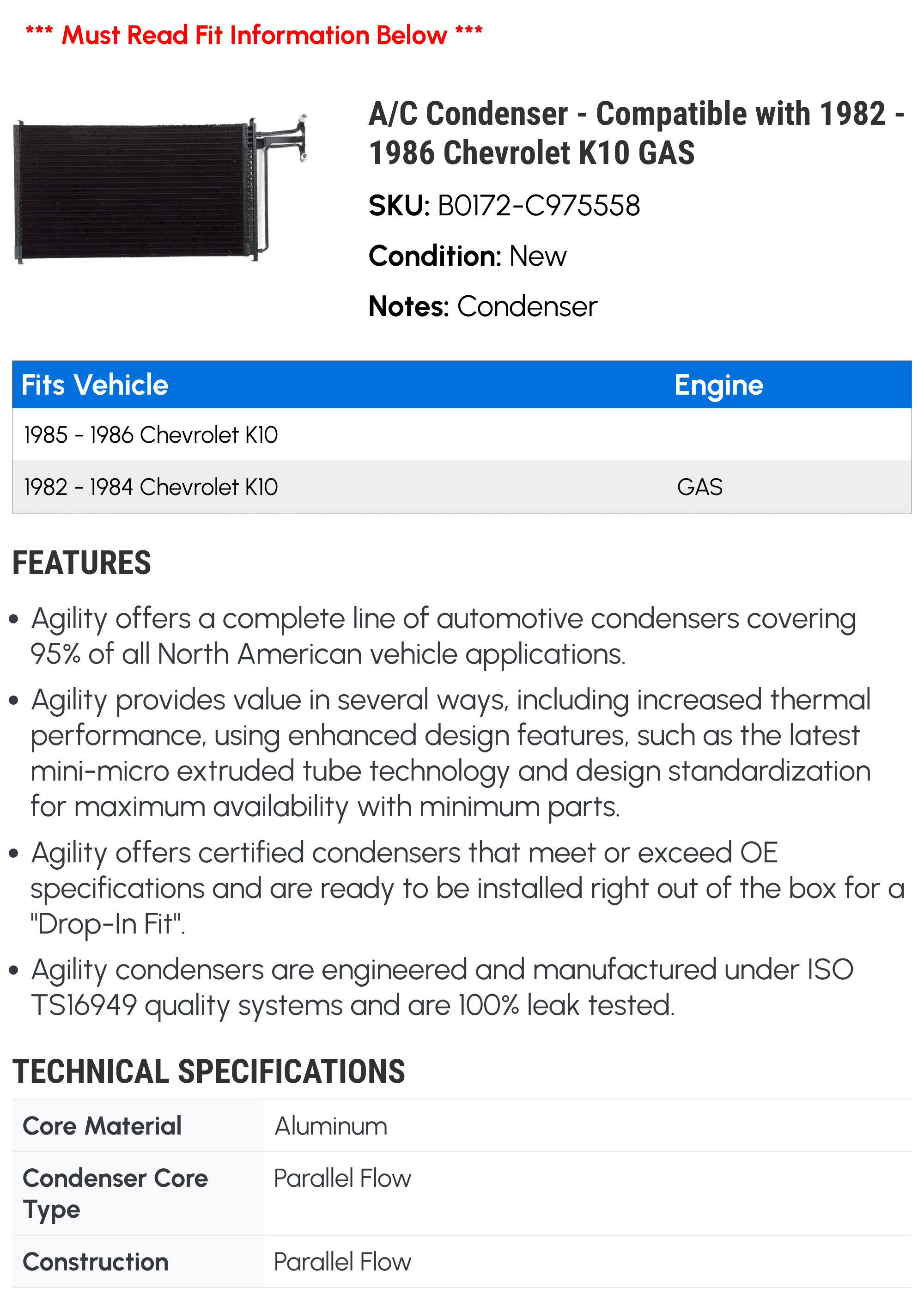 A/C Condenser - Compatible with 1982 - 1986 Chevy K10 GAS 1983 1984 1985