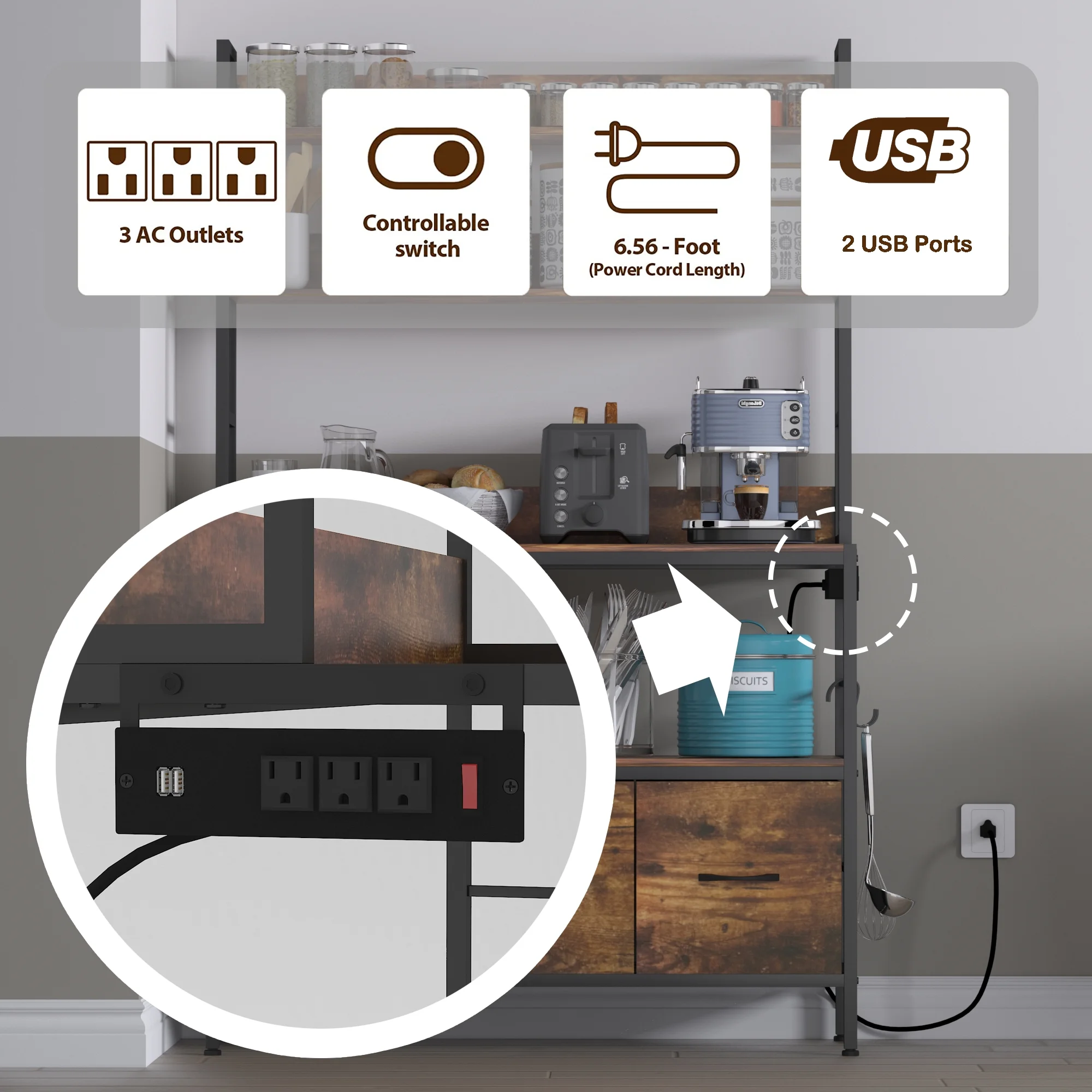 NAIYUFA Bakers Rack Large Capicity Brown 5-tier ,3 Pull Out Baskets Wood Kitchen Shelf with Power Outlets