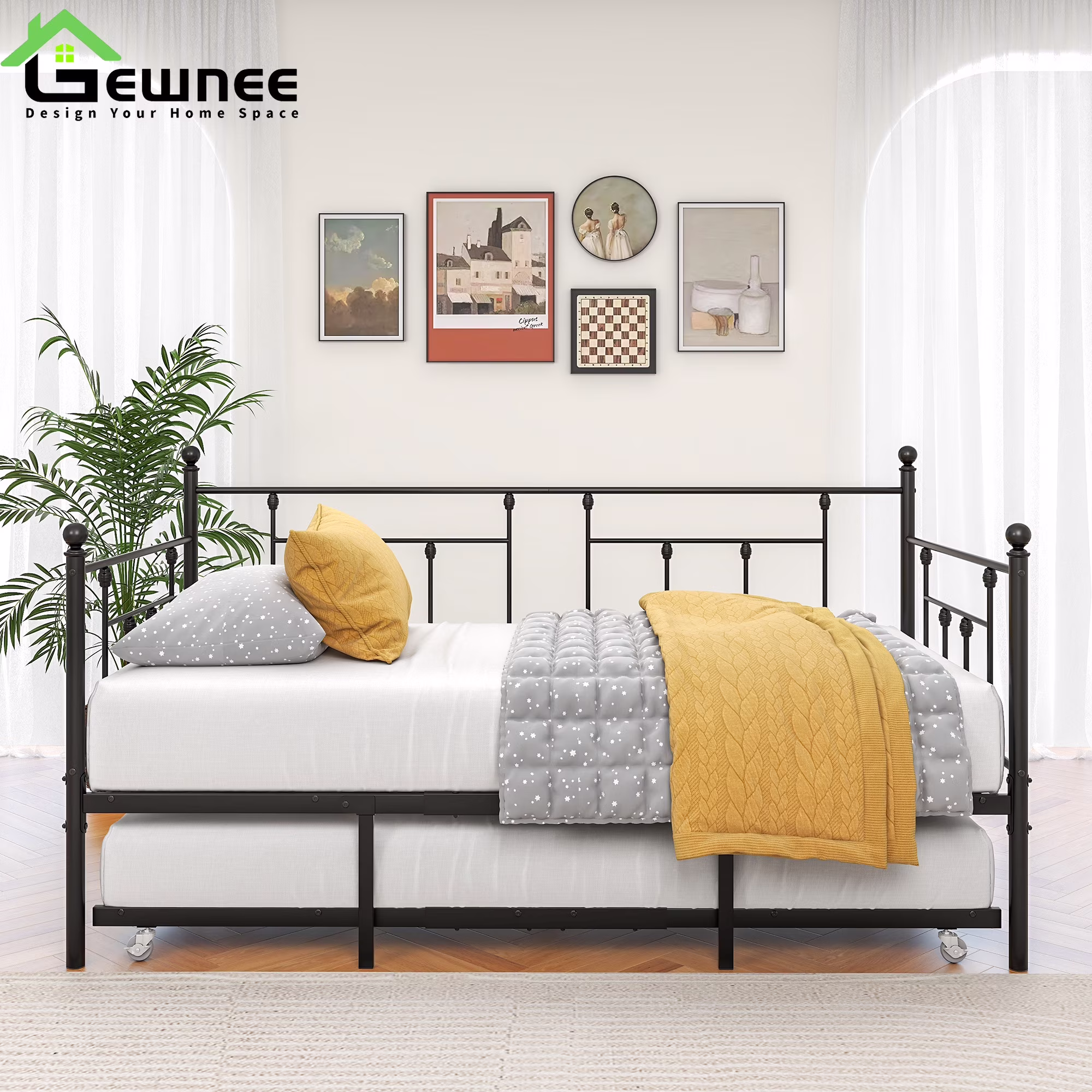 Gewnee Metal Daybed with Trundle,Kids Twin Size Bed Frame with Pull-out Twin Trundle,Black