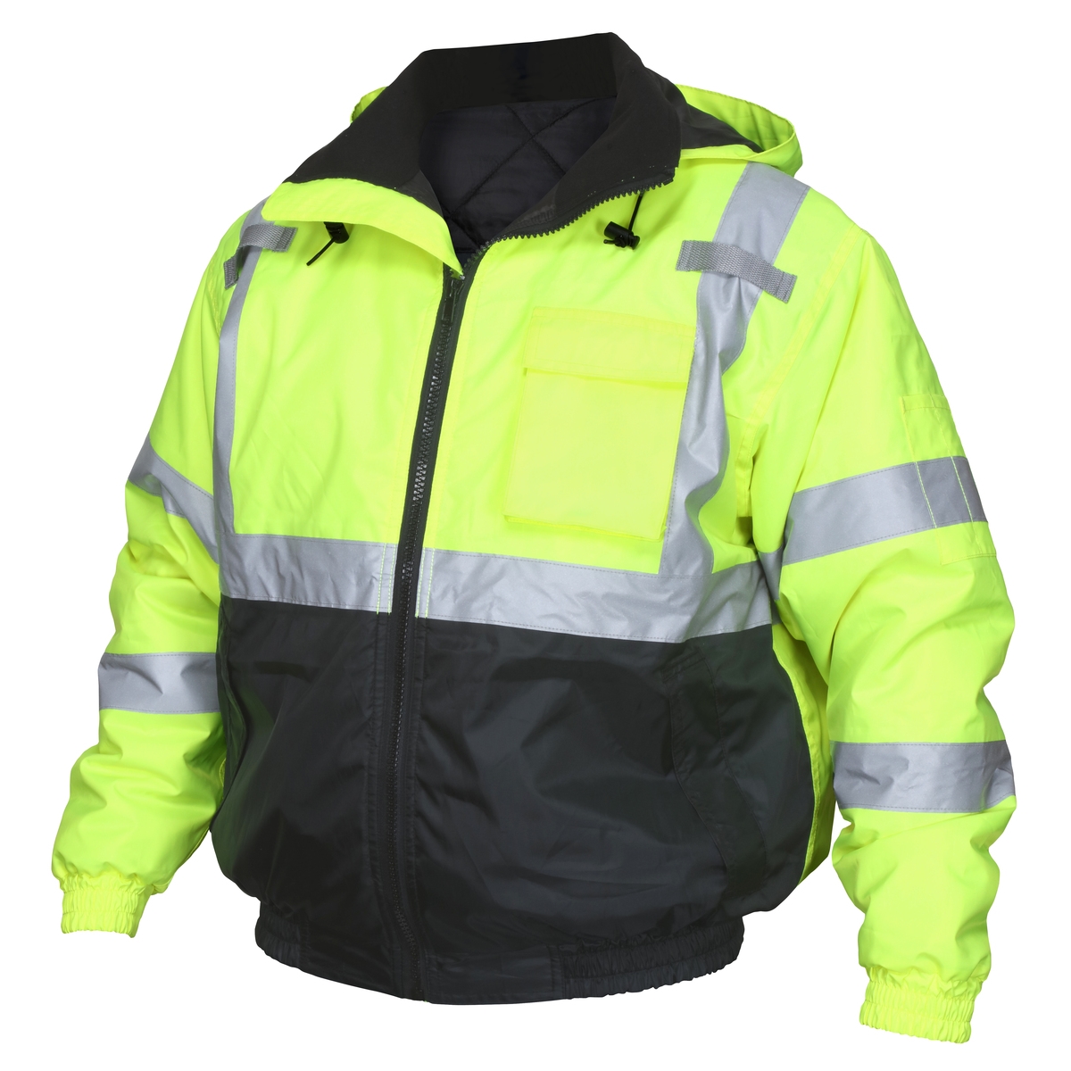 MCR Safety MCRVBBQCL3LX3 Two Tone Value Bomber ANSI 107 Class 3 Fluorescent Lime & Black Quilted Rain Jacket with Silver Reflective Stripes, 3XL