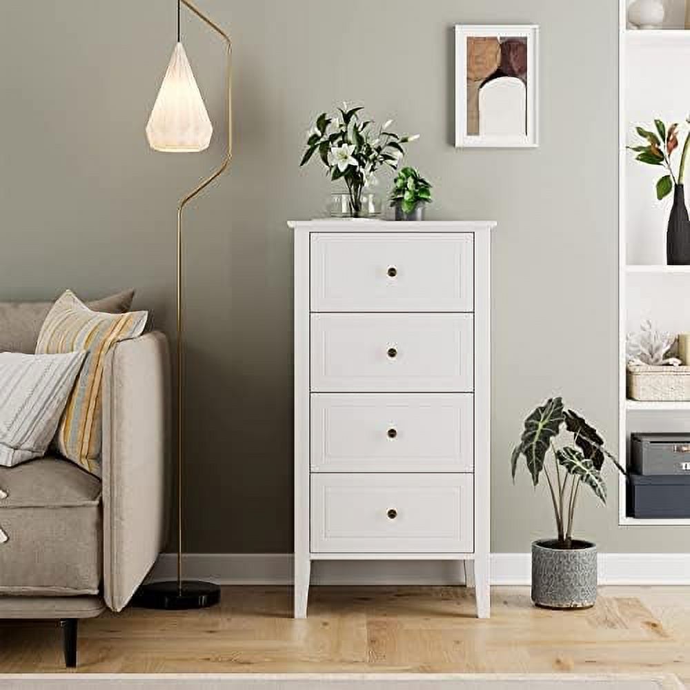 4 Drawer Dresser  White Dresser Antique Chest of Drawers with Solid Frame  Tall Wood Dresser  Chest Cabinet for Living Room  Bathroom  Entryway  White