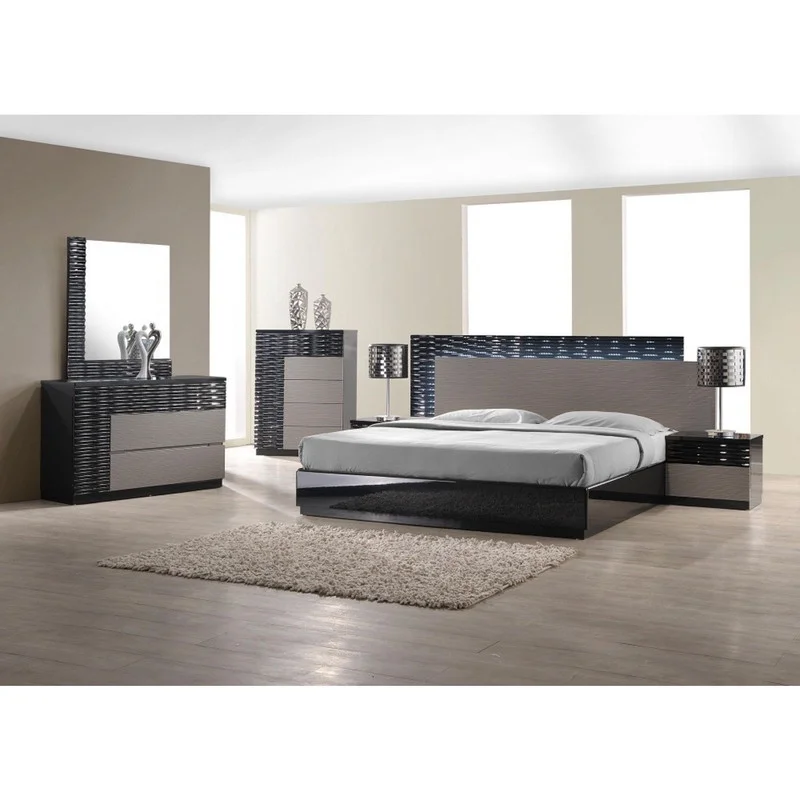 Roma Premium 5-Piece Bedroom Set, Black & Gray Lacquer, Queen