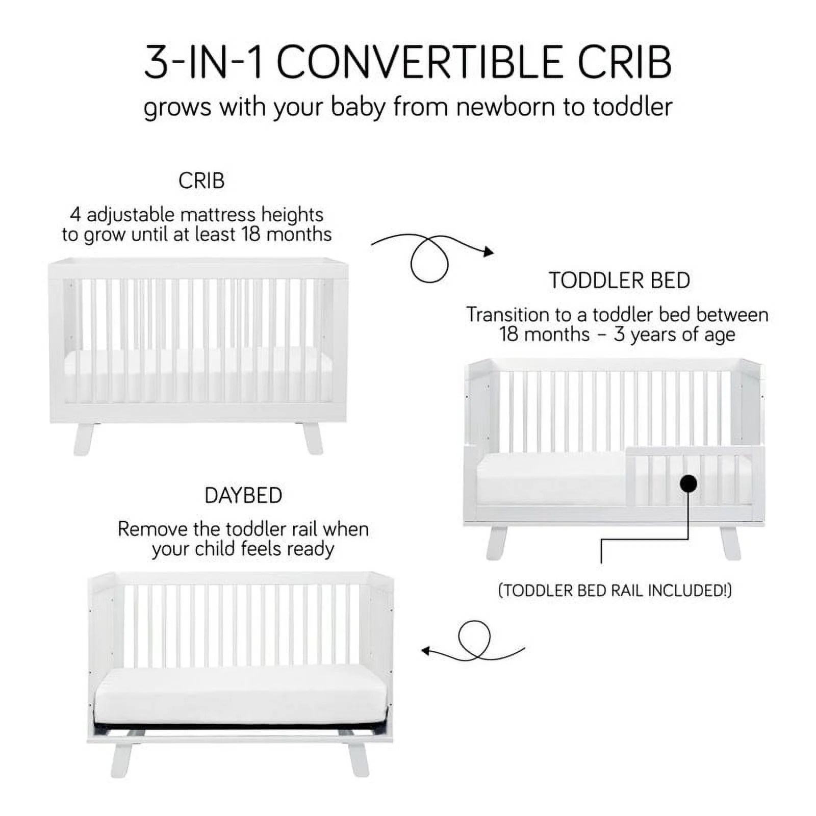 Babyletto Hudson 3-in-1 Convertible Crib with Toddler Rail, Grey