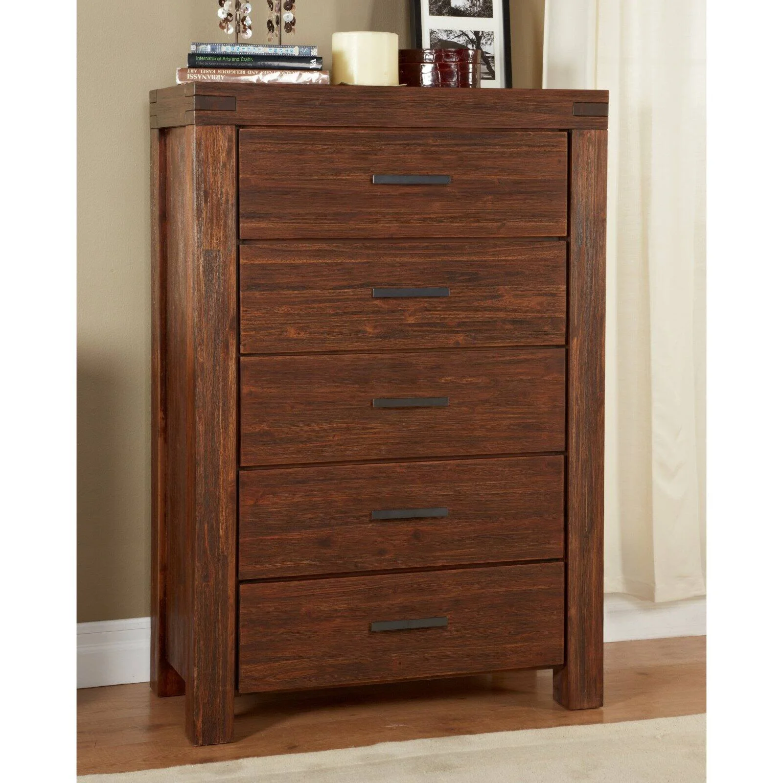 Modus Furniture Meadow 5 Drawer Solid Wood Chest in Brick Brown
