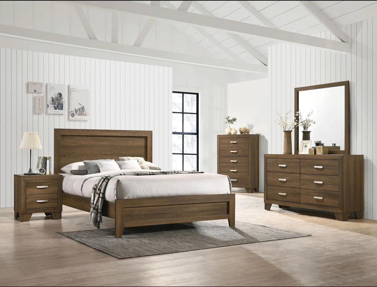 Contemporary Bedroom 5pc Set Eastern King Size Panel Bed Nightstand Dresser Chest Mirror Oak Finish Furniture