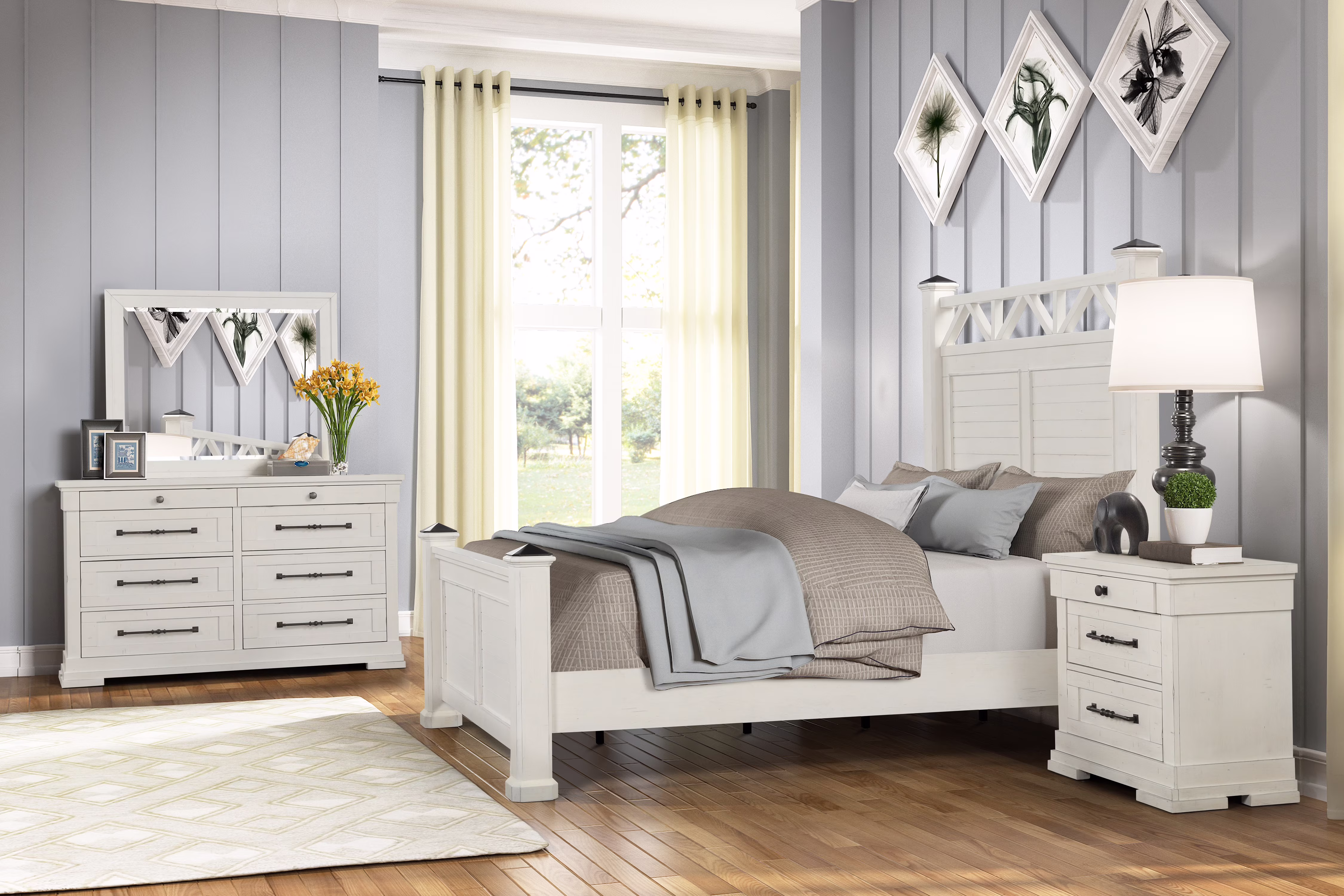 Roundhill Furniture Laria Antique White Finish Wood Panel Bed with Dresser, Mirror, and Nightstand, Queen Size
