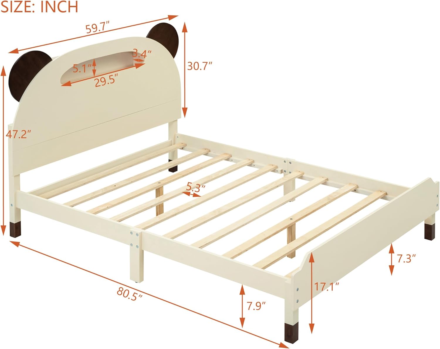 Full Size Wood Platform Bed With Bear-Shaped Headboard,Kids Bed With Activated Night Lights For Teens, Boys & Girls (Cream+Walnut)