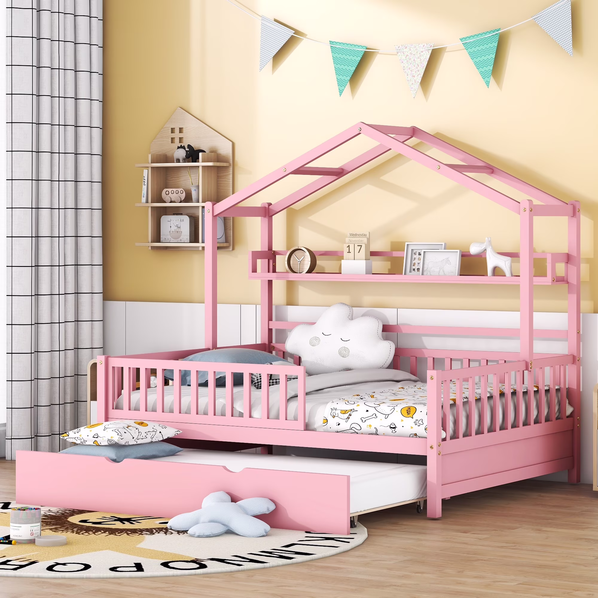 Full Size House Bed with Twin Size Trundle - Wooden Kids Bed with Shelf, Ideal for a Cozy and Imaginative Bedroom-Pink