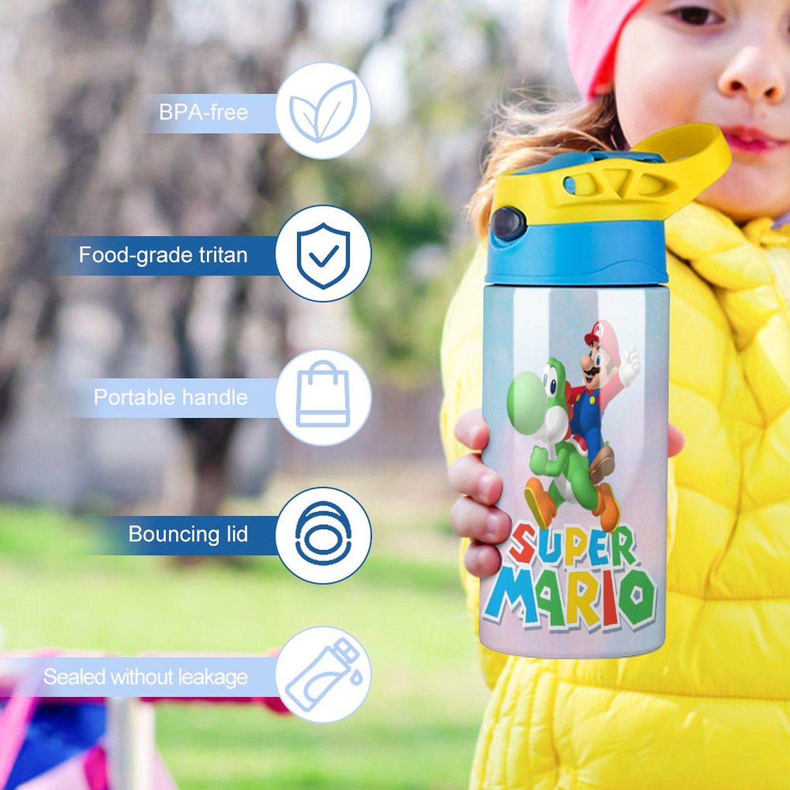 Game Super Mario Kid's Insulated Water Bottle With Straw Vacuum Stainless Steel Cup Leak-Proof Children Toddler Thermoses