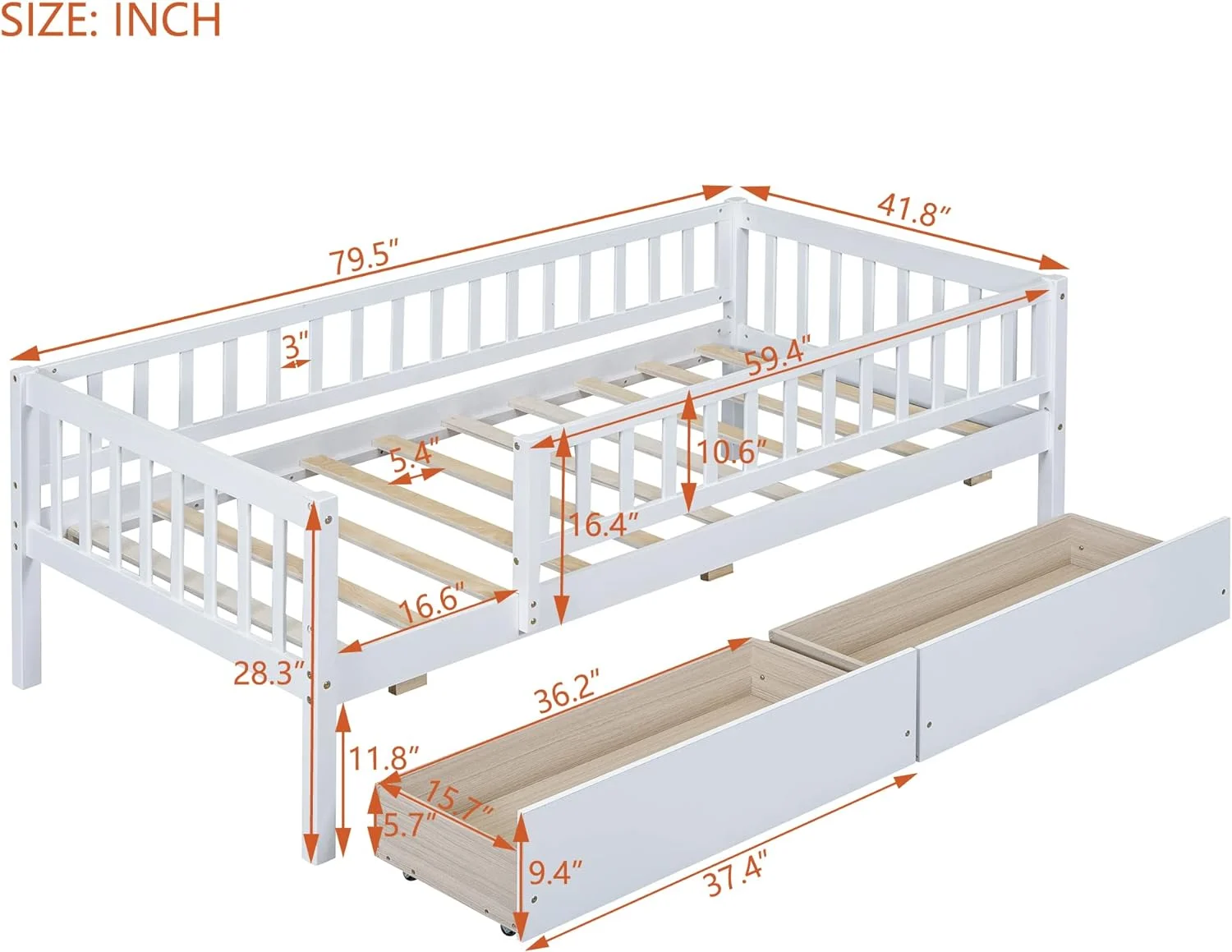 Size Bed Frame With Fece Railigs Ad Storage Drawers, Woode Motessori  Kids Beds With Slats Support, Dual-Use Daybed For Bedroom Ad Livig Room, White