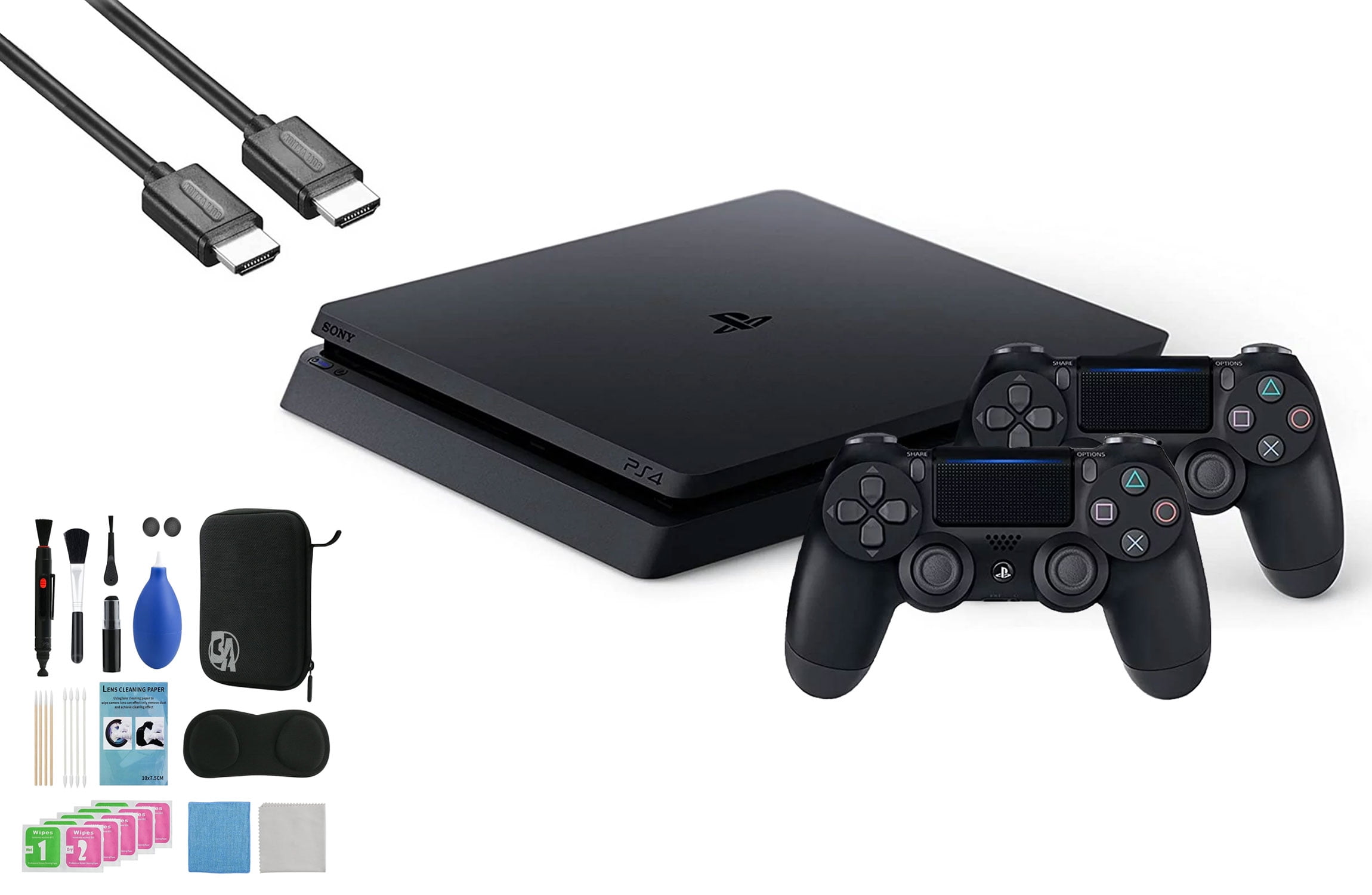 Sony 2215B PlayStation 4 Slim 500GB Gaming Console Black, HDMI Cable 2 Controller With BOLT AXTION Cleaning Kit Bundle Like New